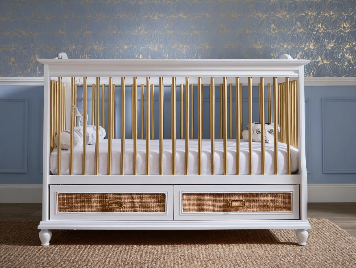 Cama Infantil de madera 145x75x104 cm - blanco dorado y marrón - dormitorio clásico con almacenaje inferior-Zimoioliving