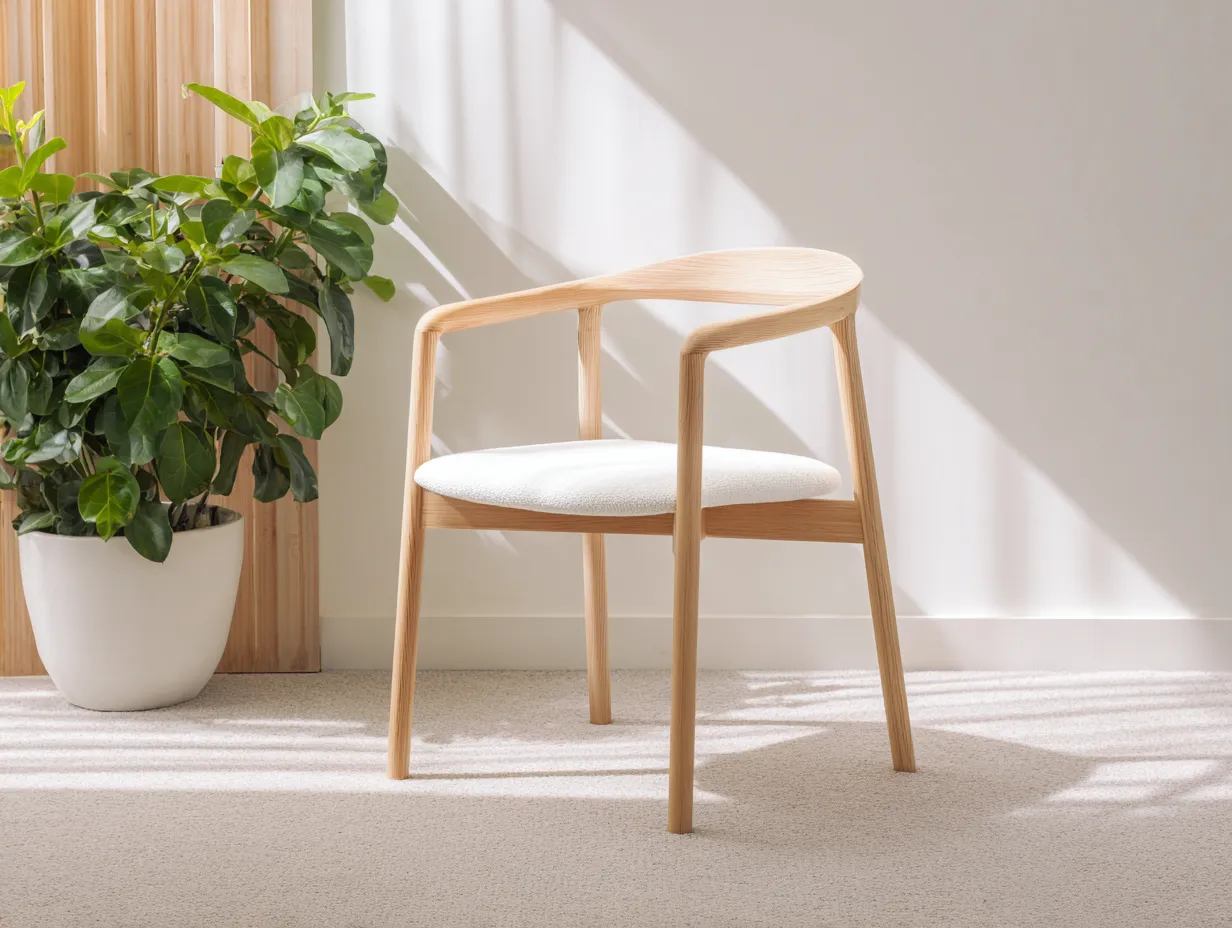 Sillón de madera clara 58x56x78 cm - tapizado blanco roto - brazos curvos para salón-Zimoioliving