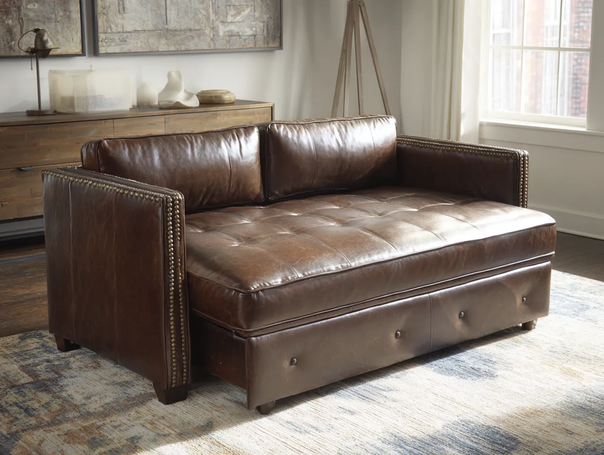 Sofá Cama marrón oscuro 220x98x86 cm - cuero sintético capitoné - brazos con tachuelas para salón-Zimoioliving