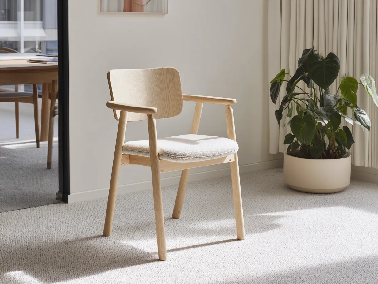 Sillón de madera clara 62x60x79 cm - tapizado beige jaspeado - brazos integrados para salón-Zimoioliving