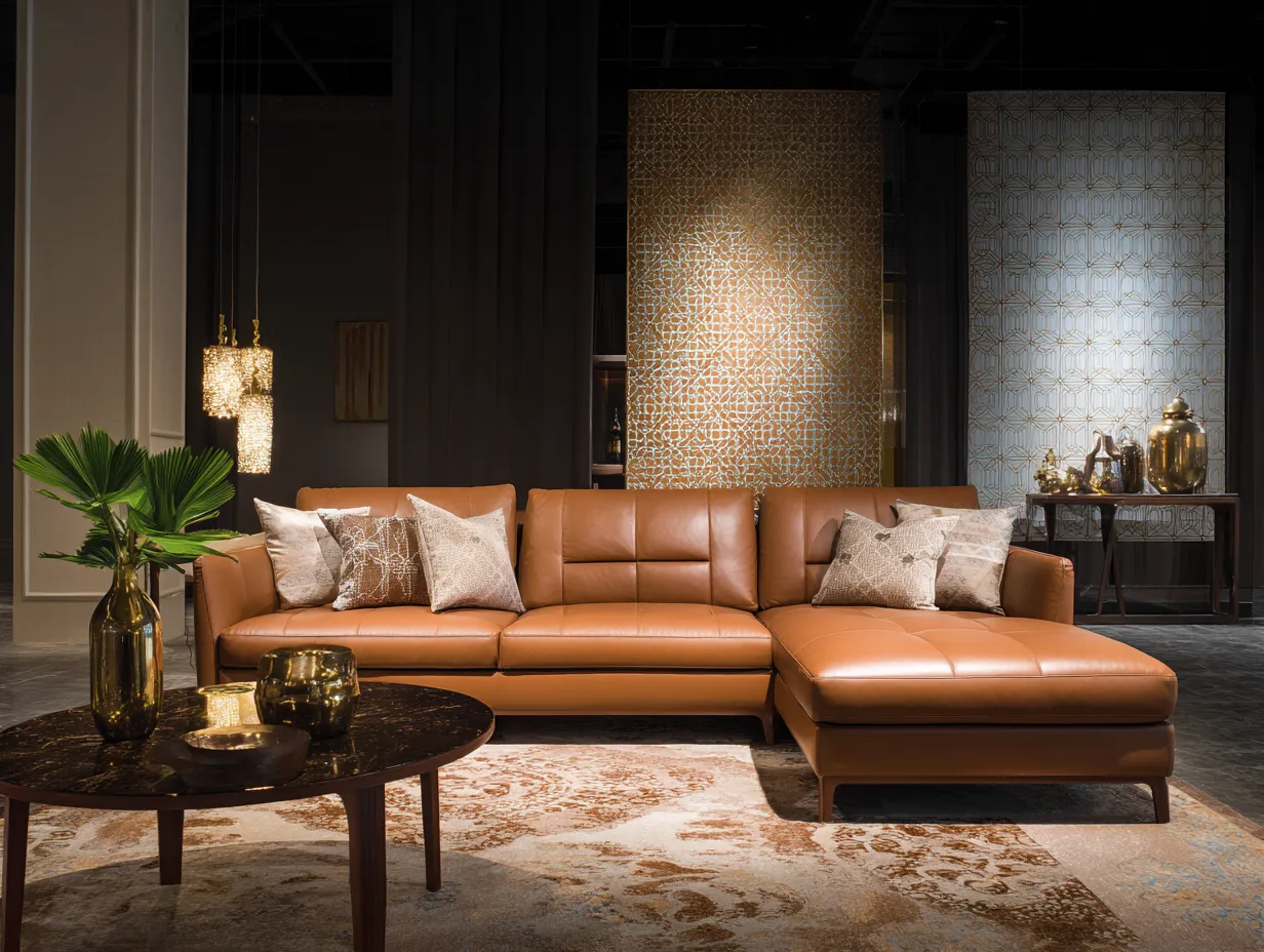 Sofá Esquinero de cuero 335x205x79 cm - camel - asientos acolchados para salón-Zimoioliving