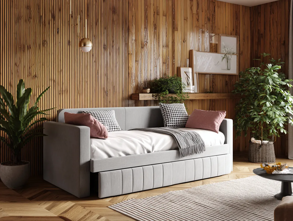 Sofá Cama beige 220x94x84 cm - tapizado acanalado - base baja de madera para salón-Zimoioliving