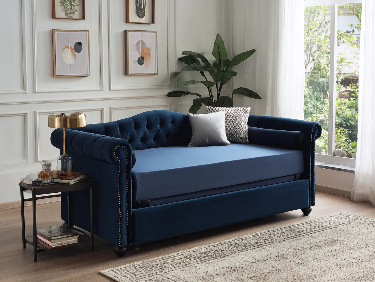 Sofá Cama azul marino 218x97x84 cm - terciopelo capitoné - brazos enrollados clásicos para salón-Zimoioliving