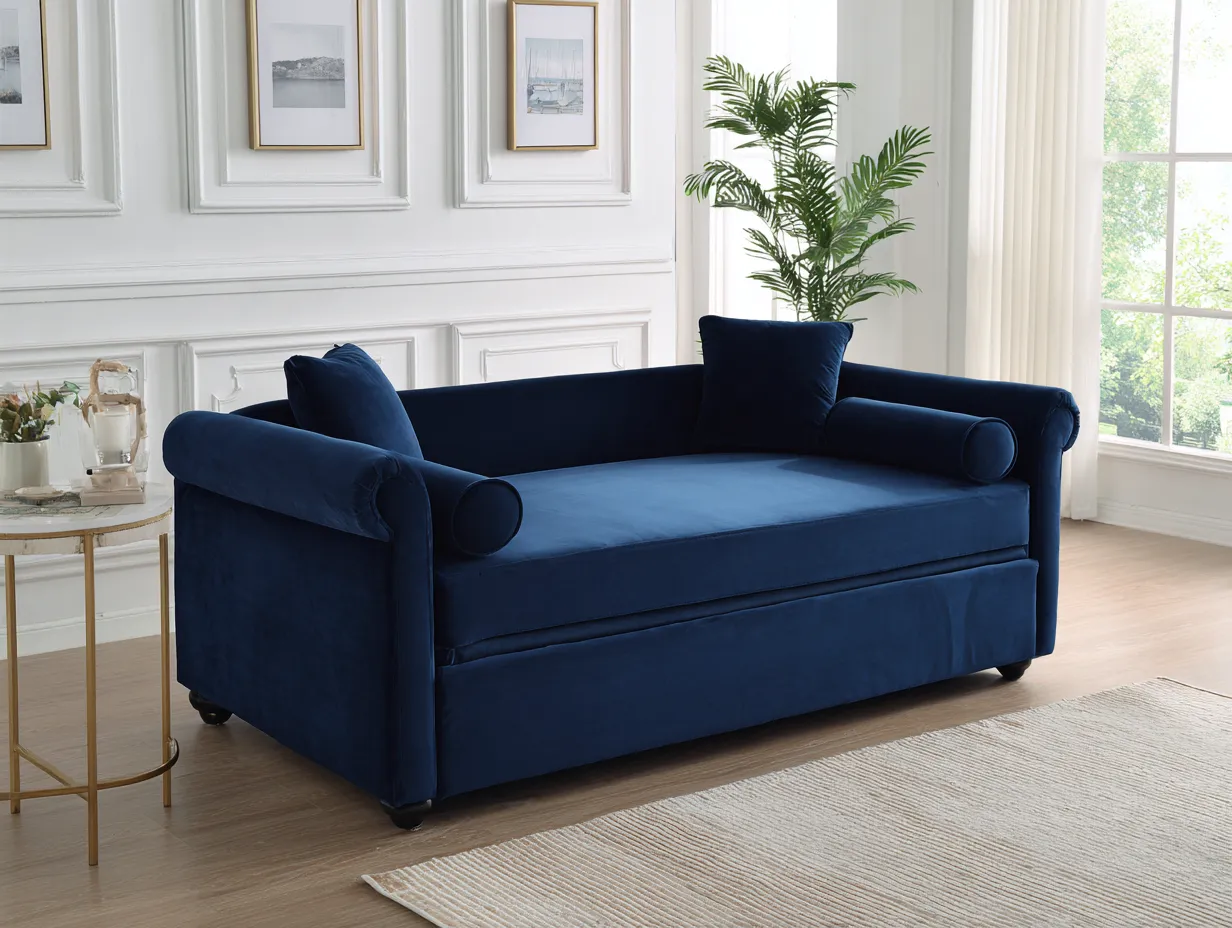 Sofá Cama azul marino 216x96x83 cm - terciopelo liso - brazos cilíndricos para salón-Zimoioliving
