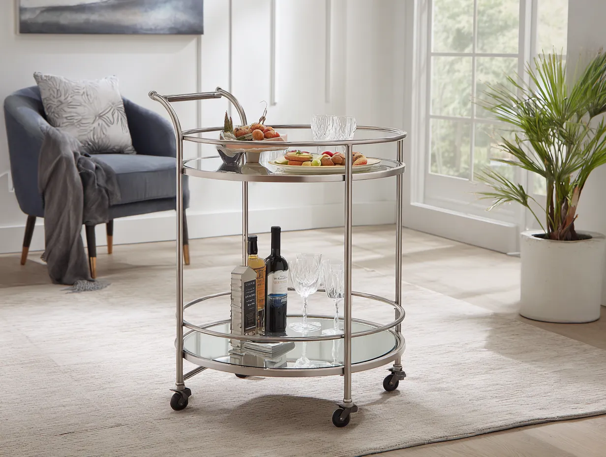Carrito redondo de metal cromado 78x76x46 cm - cristal transparente - ruedas para comedor-Zimoioliving