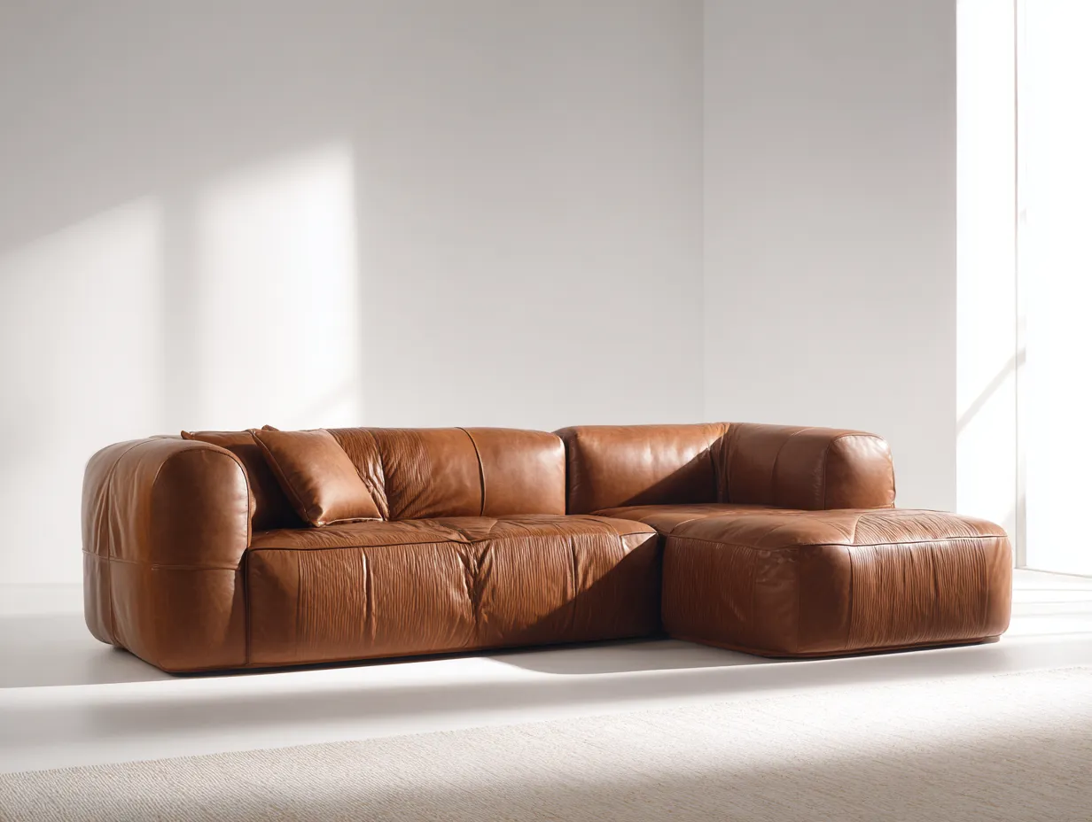 Sofá Esquinero de cuero 320x200x74 cm - marrón caramelo - diseño modular para salón-Zimoioliving