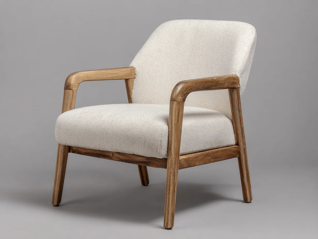 Sillón de madera tostada 64x62x81 cm - tapizado blanco cálido - estilo lounge para salón-Zimoioliving