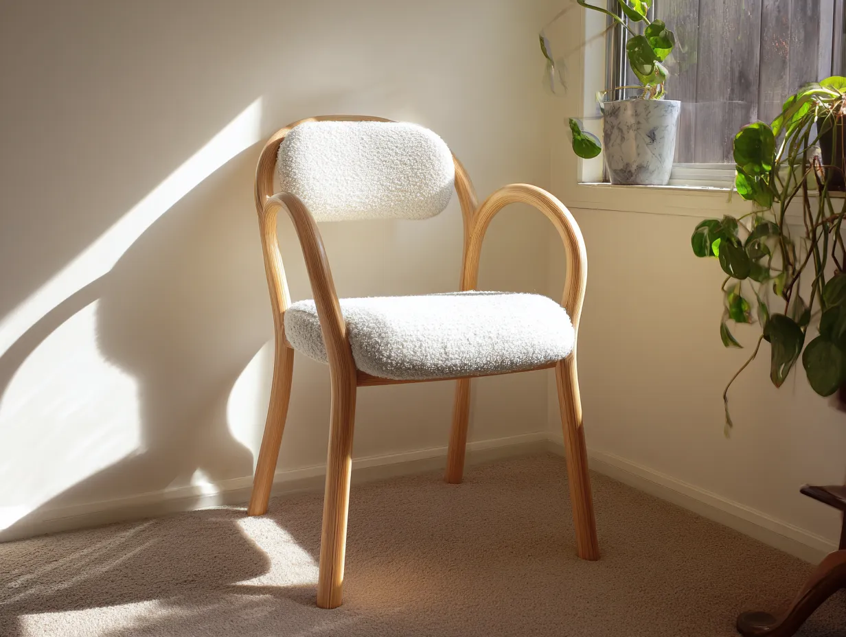 Sillón curvo de madera clara 59x57x79 cm - borreguito blanco - brazos redondeados para salón-Zimoioliving