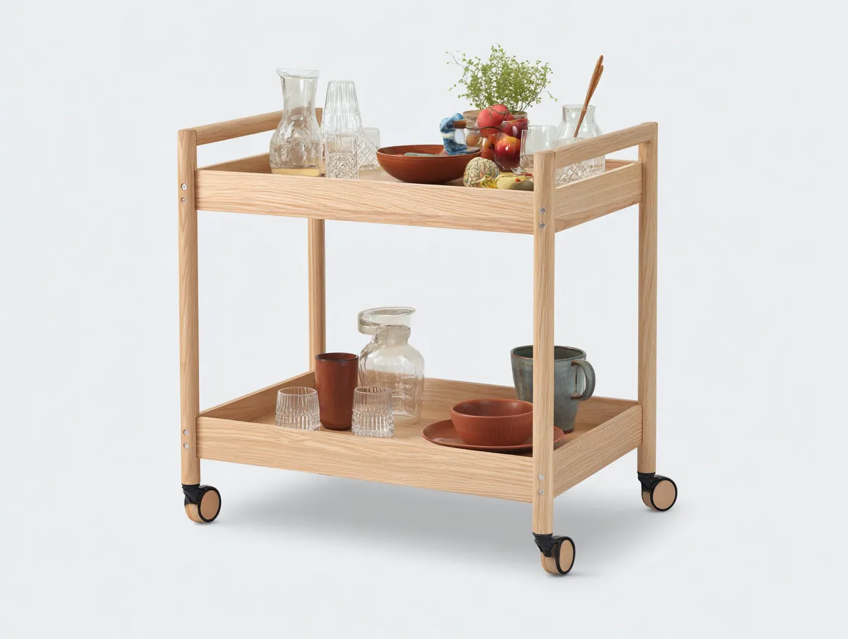 Carrito de madera clara 72x74x45 cm - roble natural - bandejas profundas con ruedas para comedor-Zimoioliving