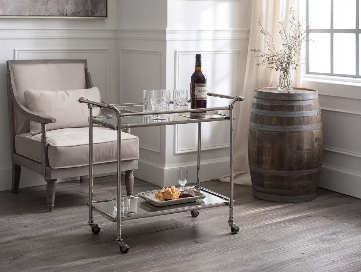 Carrito rectangular de metal cromado 84x78x42 cm - cristal ahumado claro - dos bandejas para comedor-Zimoioliving