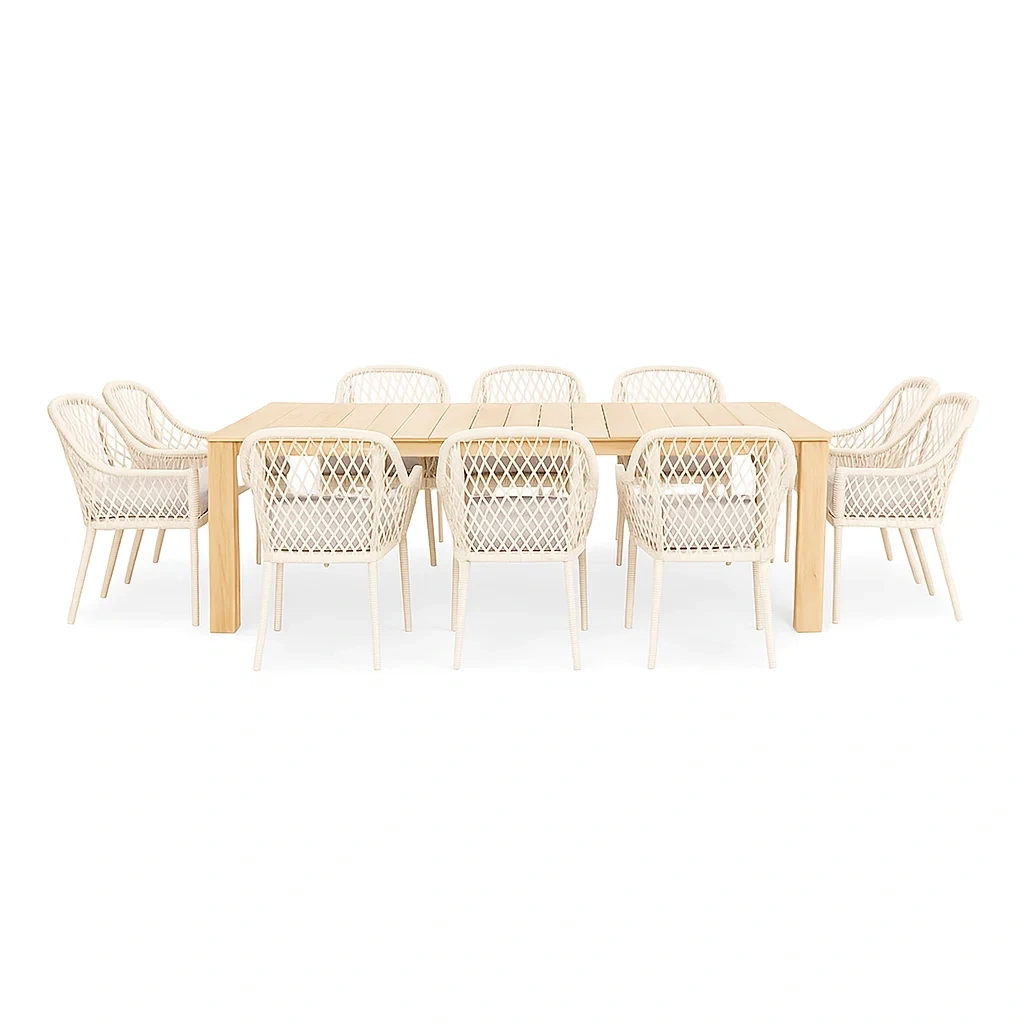 Outdoor Tisch-Set aus Teak und Rattan für 10 Personen Natur/Weiß-COZYARONE