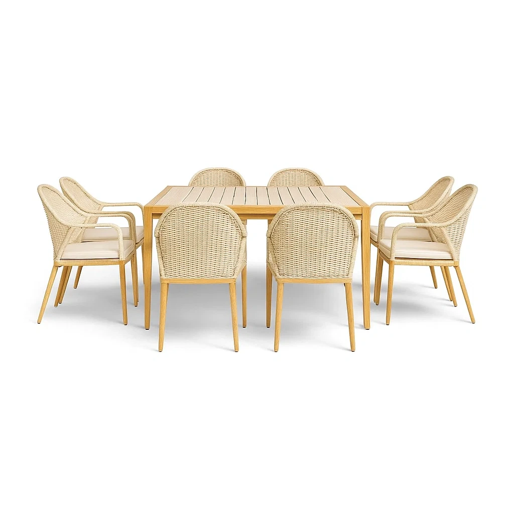 7-teiliges Gartenmöbelset aus Holz und Polyrattan Beige-COZYARONE