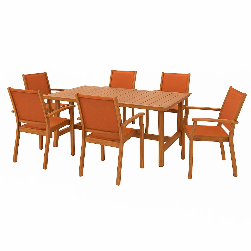 Essgruppe aus Teakholz mit 6 Stühlen und Polyesterbezug, Orange-COZYARONE