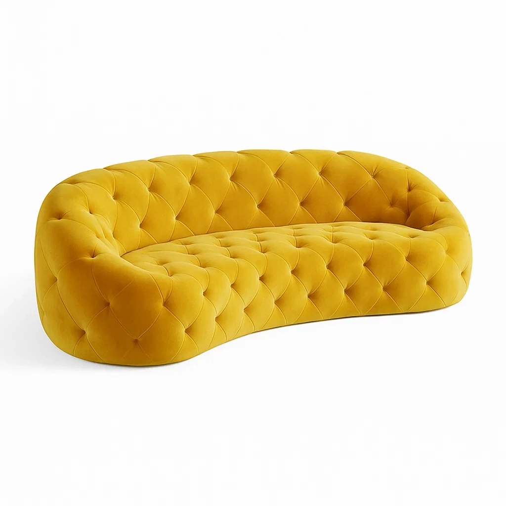 Gelbes Samt-Sofa in geschwungener Form, 3-Sitzer-COZYARONE