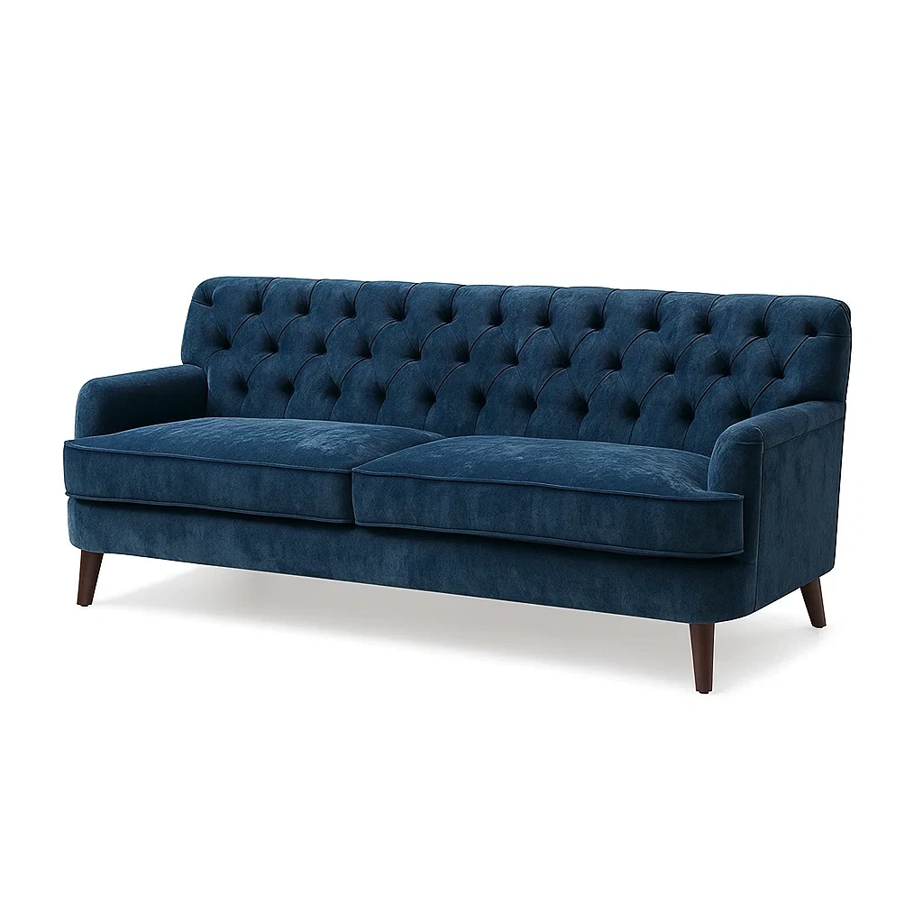 3-Sitzer Sofa aus Samt in Blau mit Holzakzenten-COZYARONE