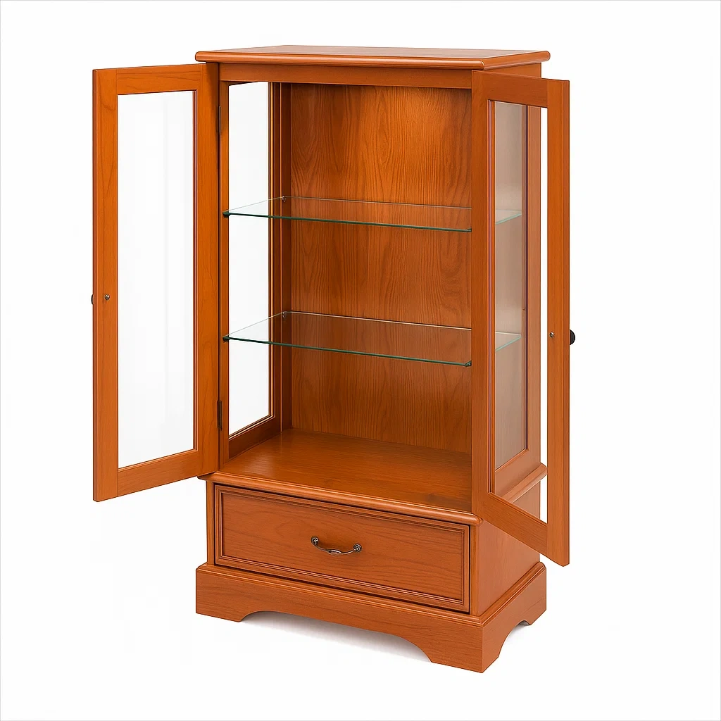Holzvitrine mit gehärtetem Glas und Schublade, Braun-COZYARONE