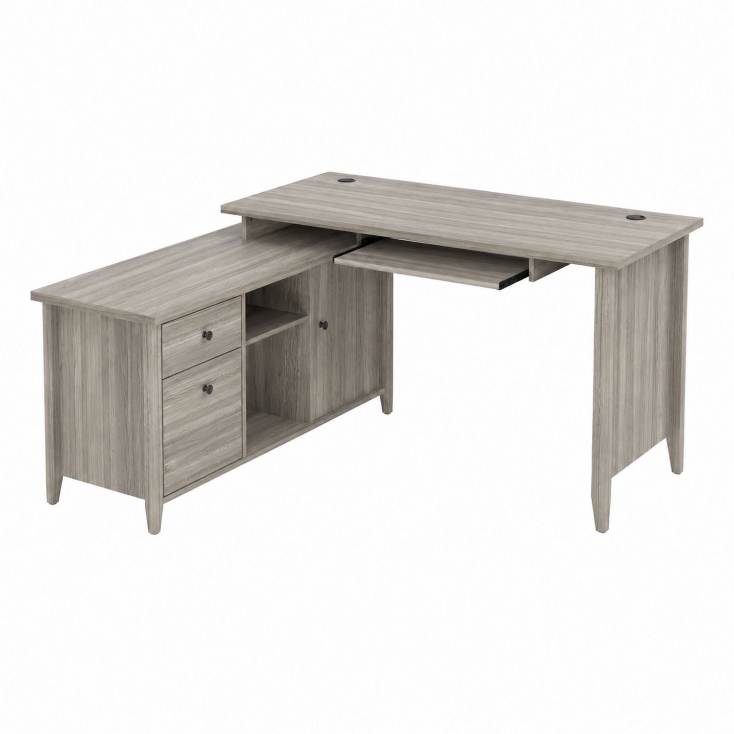 Bureau d'angle avec tiroirs et étagères en bois composite gris