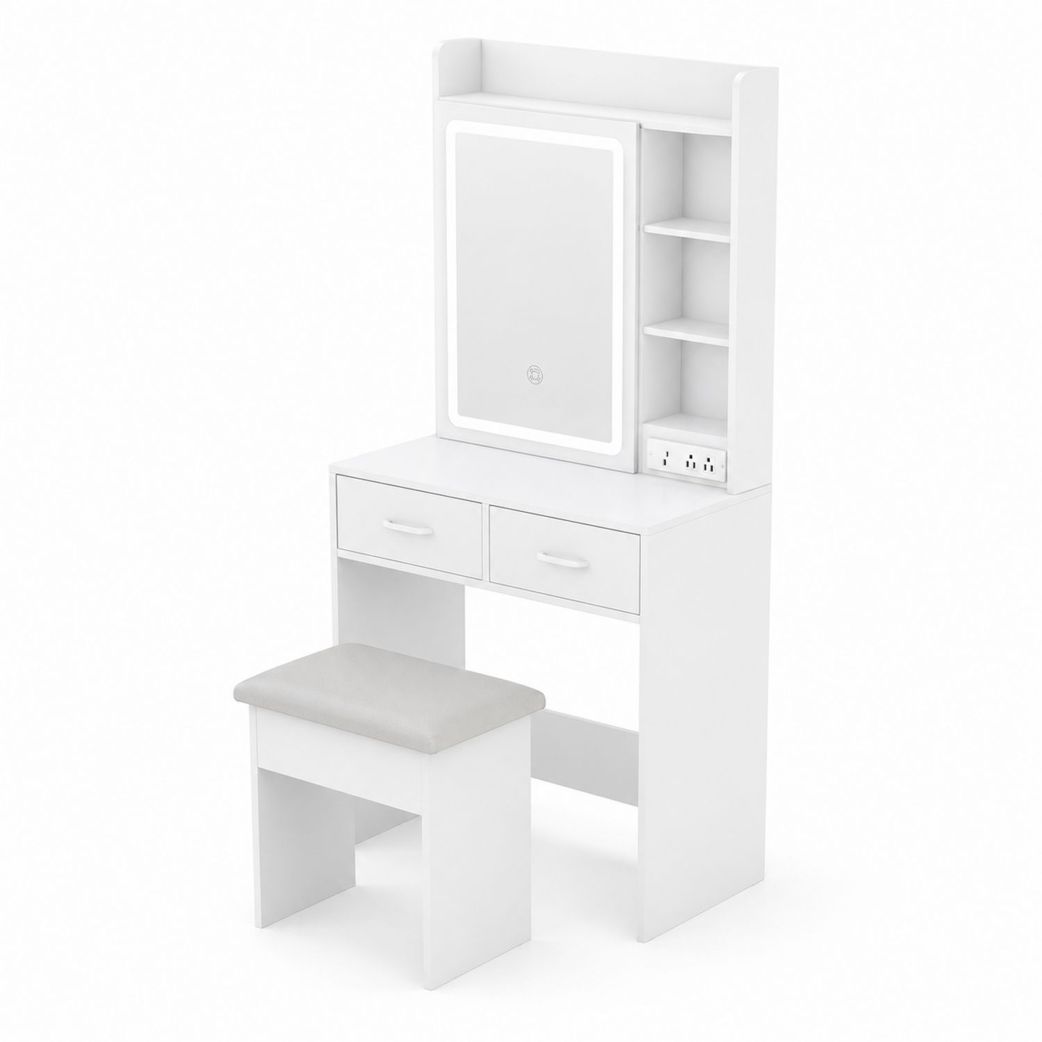 Coiffeuse en MDF avec miroir LED et tabouret blanc