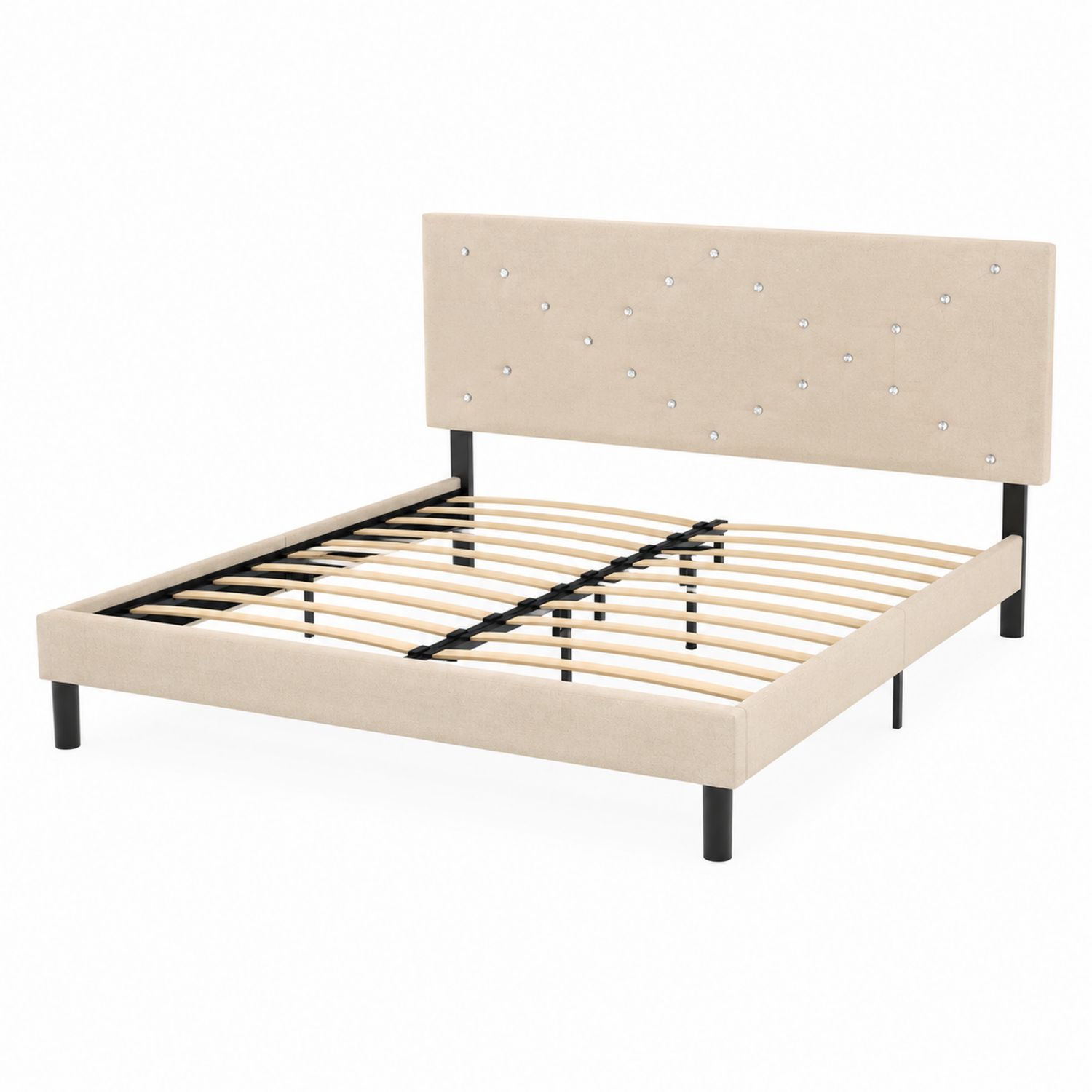 Lit double en métal avec tête de lit en polyester beige 140x200 cm