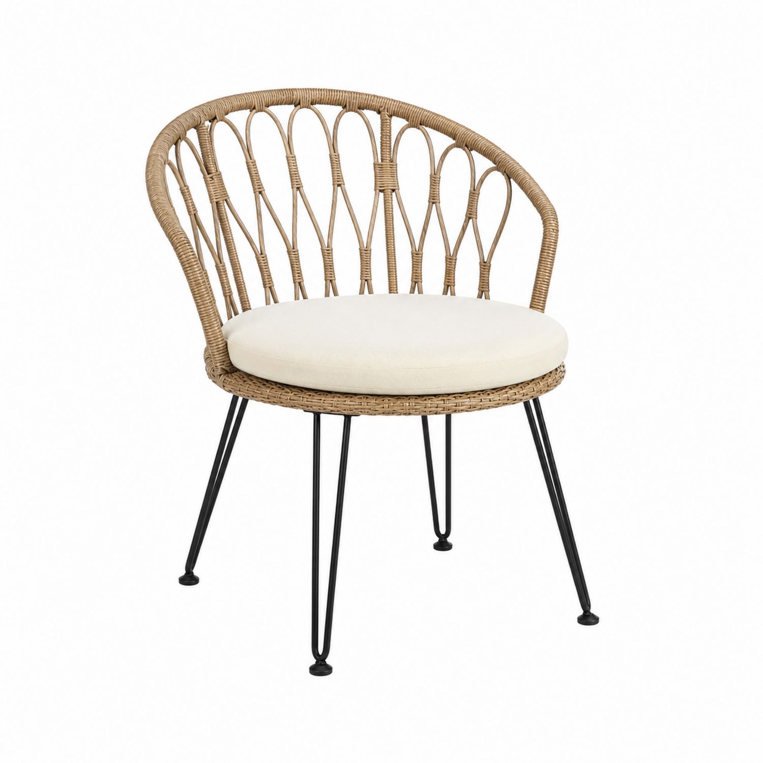 Chaise en rotin synthétique avec assise crème et pieds en métal noir