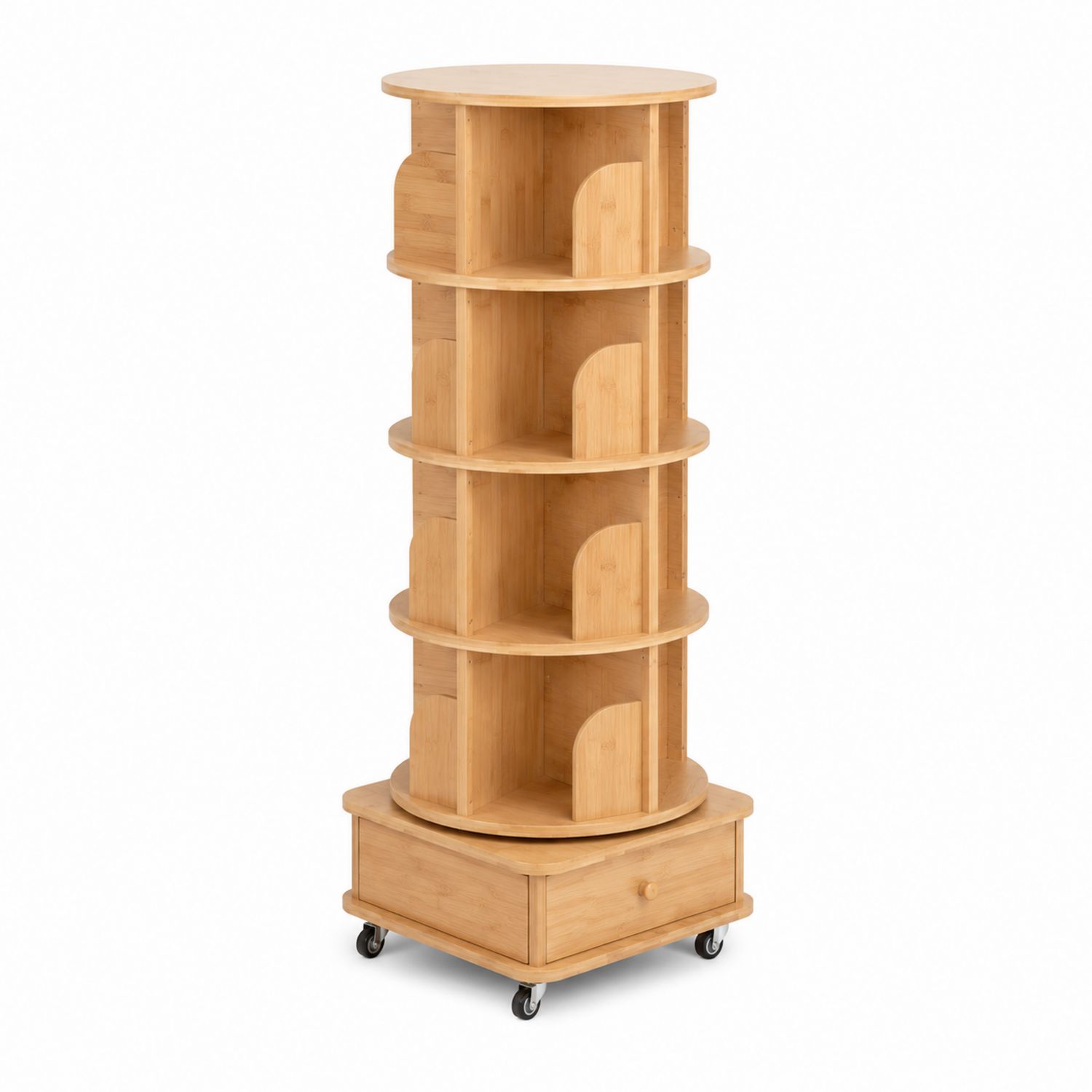 Étagère rotative en bois avec tiroir et roulettes