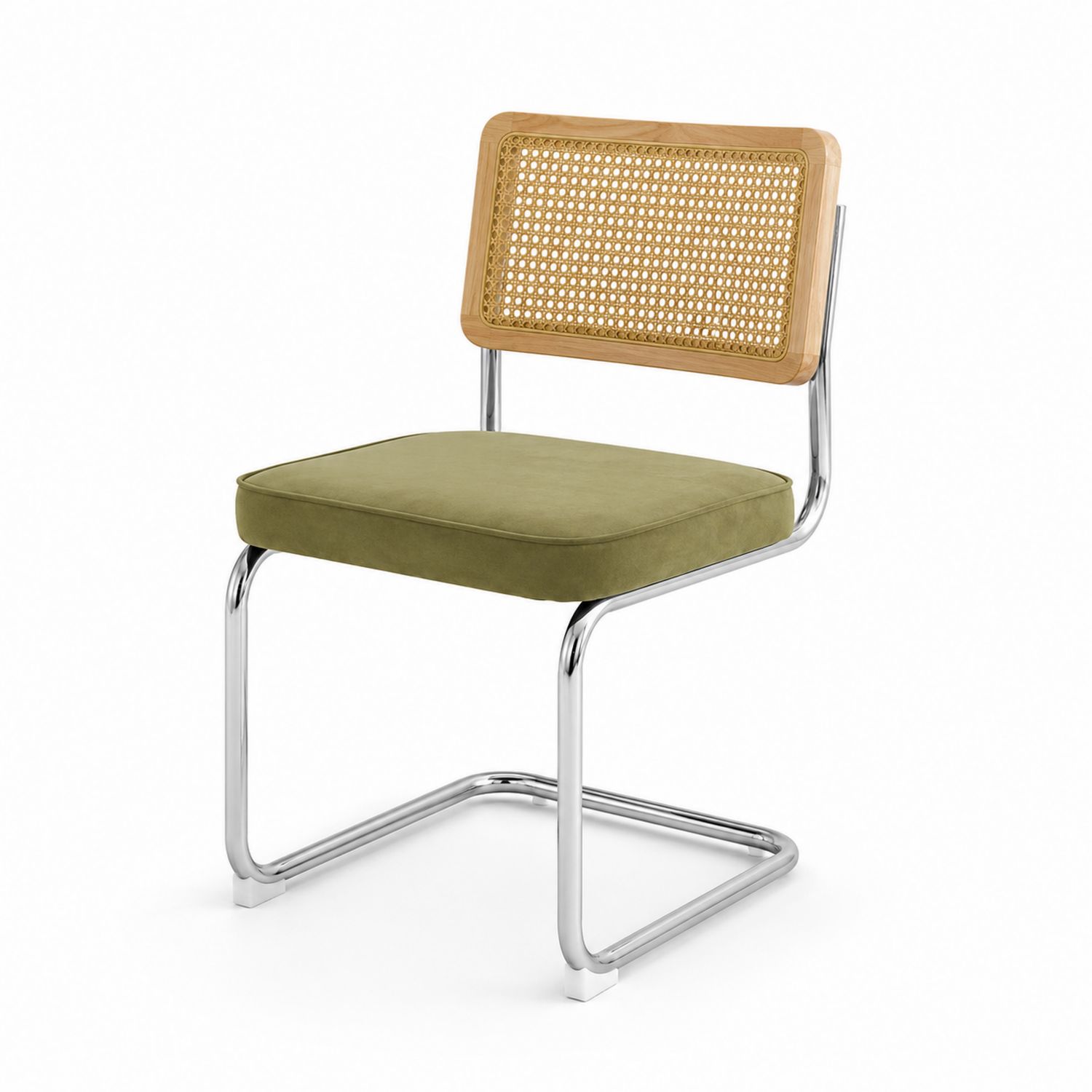 Chaise en métal avec dossier en rotin et assise en velours vert