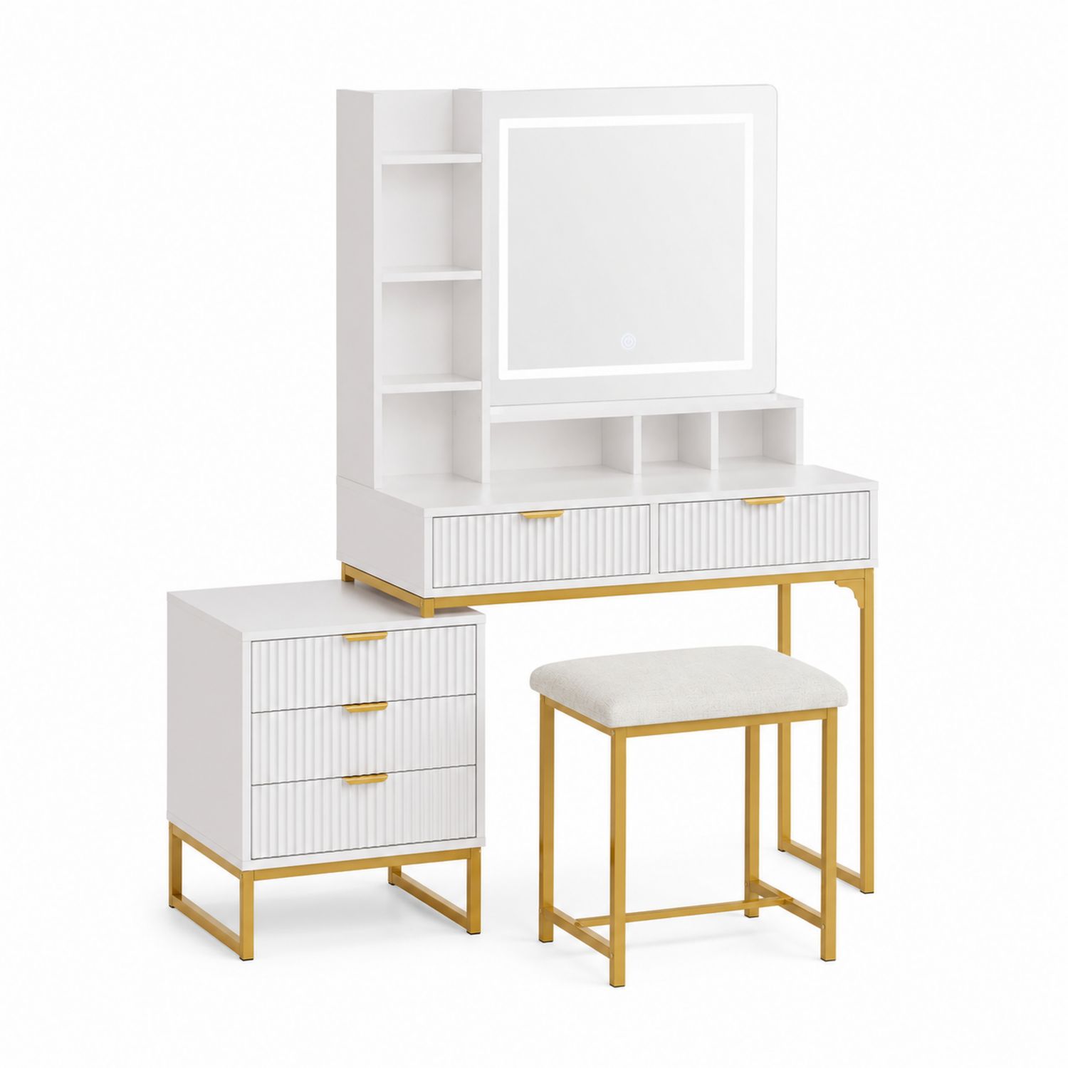 Coiffeuse en Bois et Métal Blanc/Doré avec Miroir LED