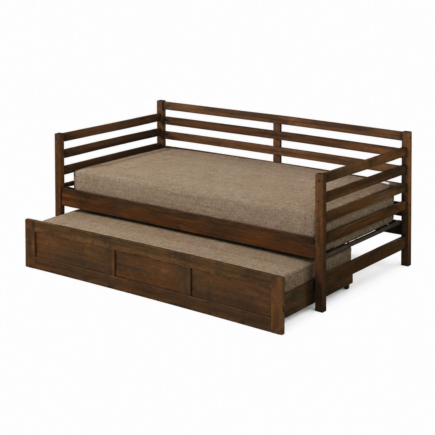 Lit gigogne marron en bois avec matelas en mousse