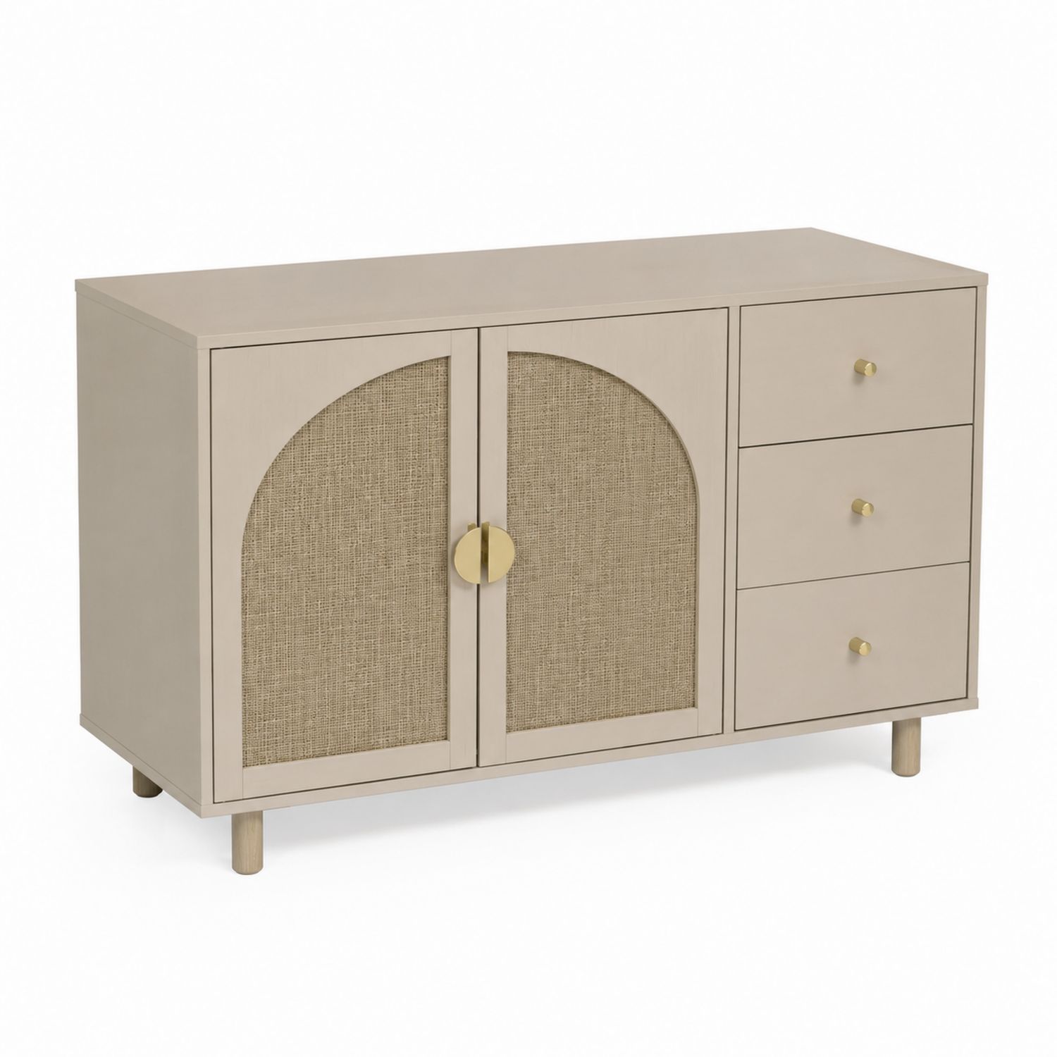 Buffet en Bois MDF et Rotin avec Poignées Dorées