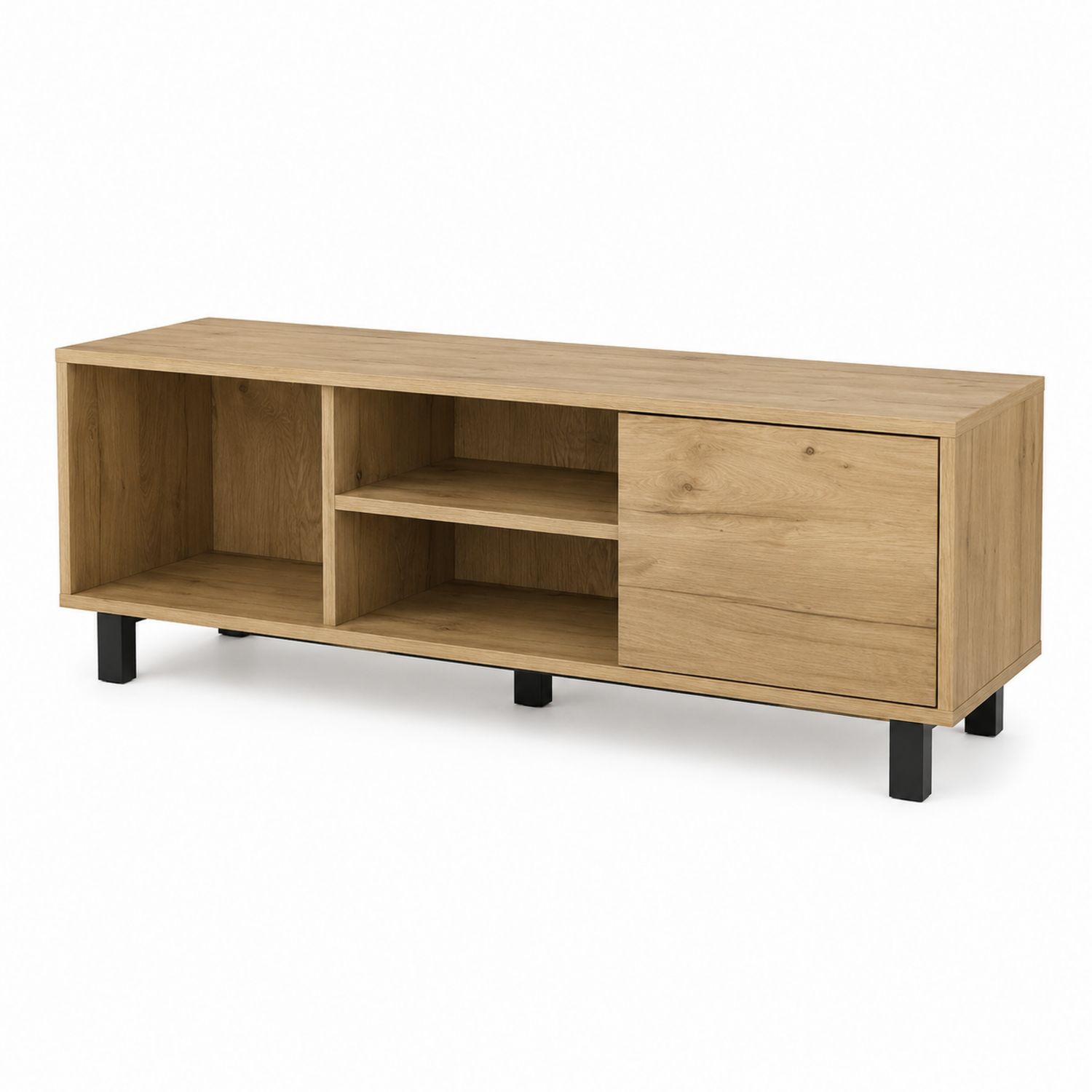 Meuble TV en Bois MDF Chêne Clair avec Porte Coulissante