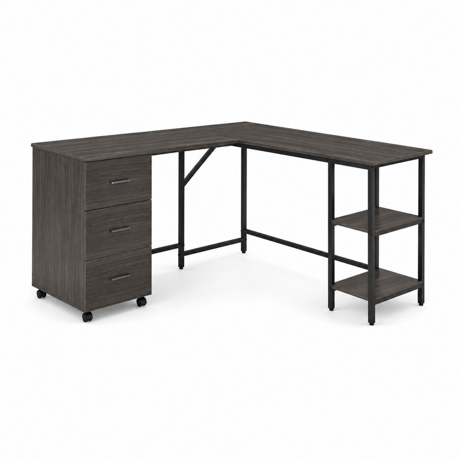 Bureau d'angle en L avec tiroirs et étagères en bois composite et métal gris