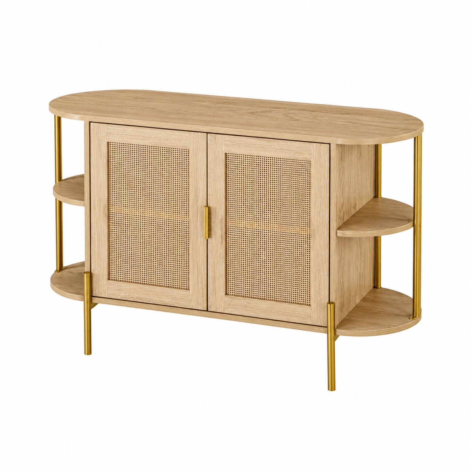 Buffet ovale en bois de chêne et métal doré avec portes en cannage