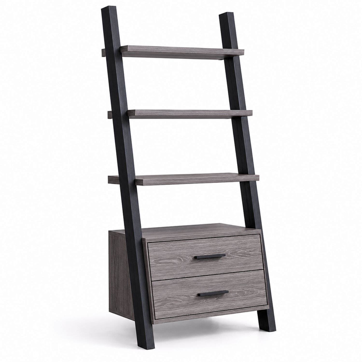 Holz Bücherregal Leiterregal mit Schubladen Grau/Schwarz