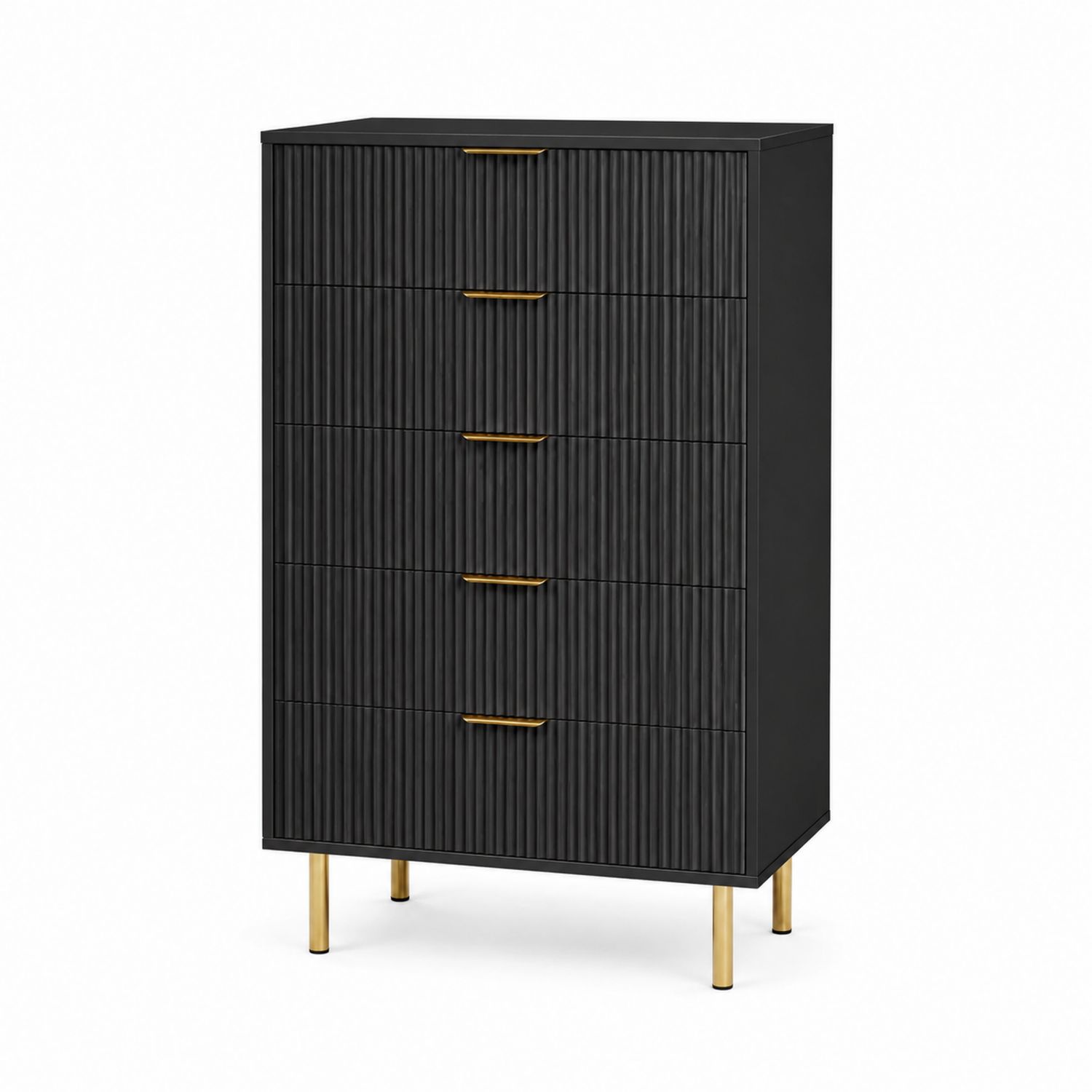 Hohe Kommode mit fünf Schubladen aus Holz und goldfarbenen Metallbeinen