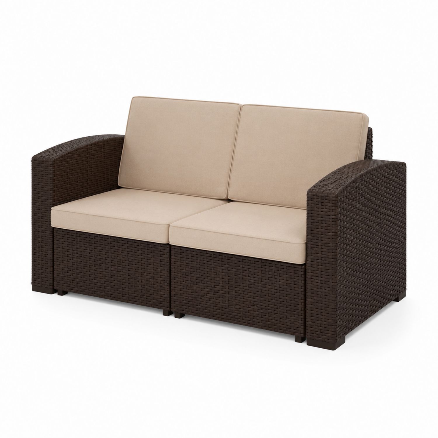 2-Sitzer Sofa Rattan Dunkelbraun Polyethylen Beige Kissen