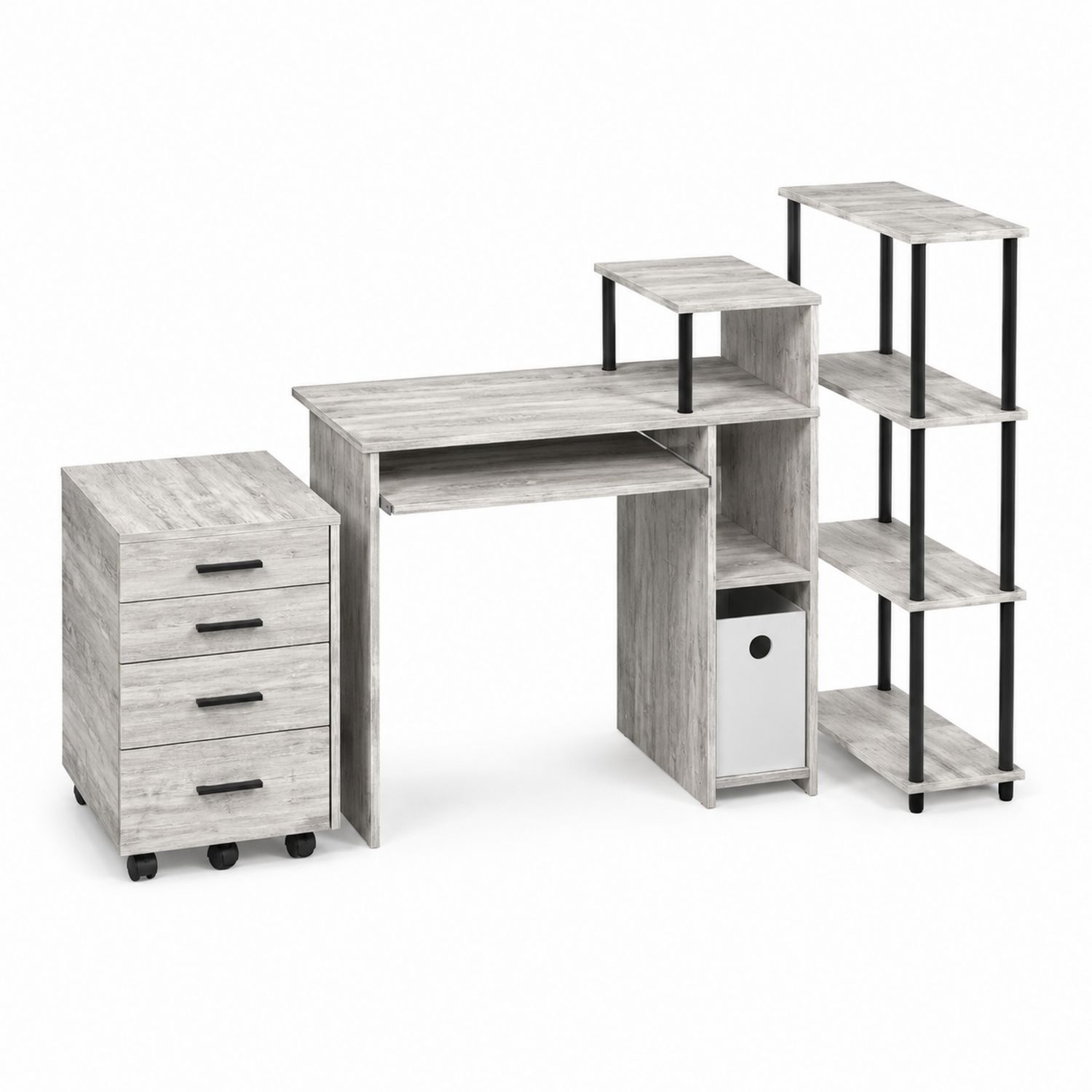 Eckschreibtisch Set mit Regal und Rollcontainer MDF Grau/Schwarz