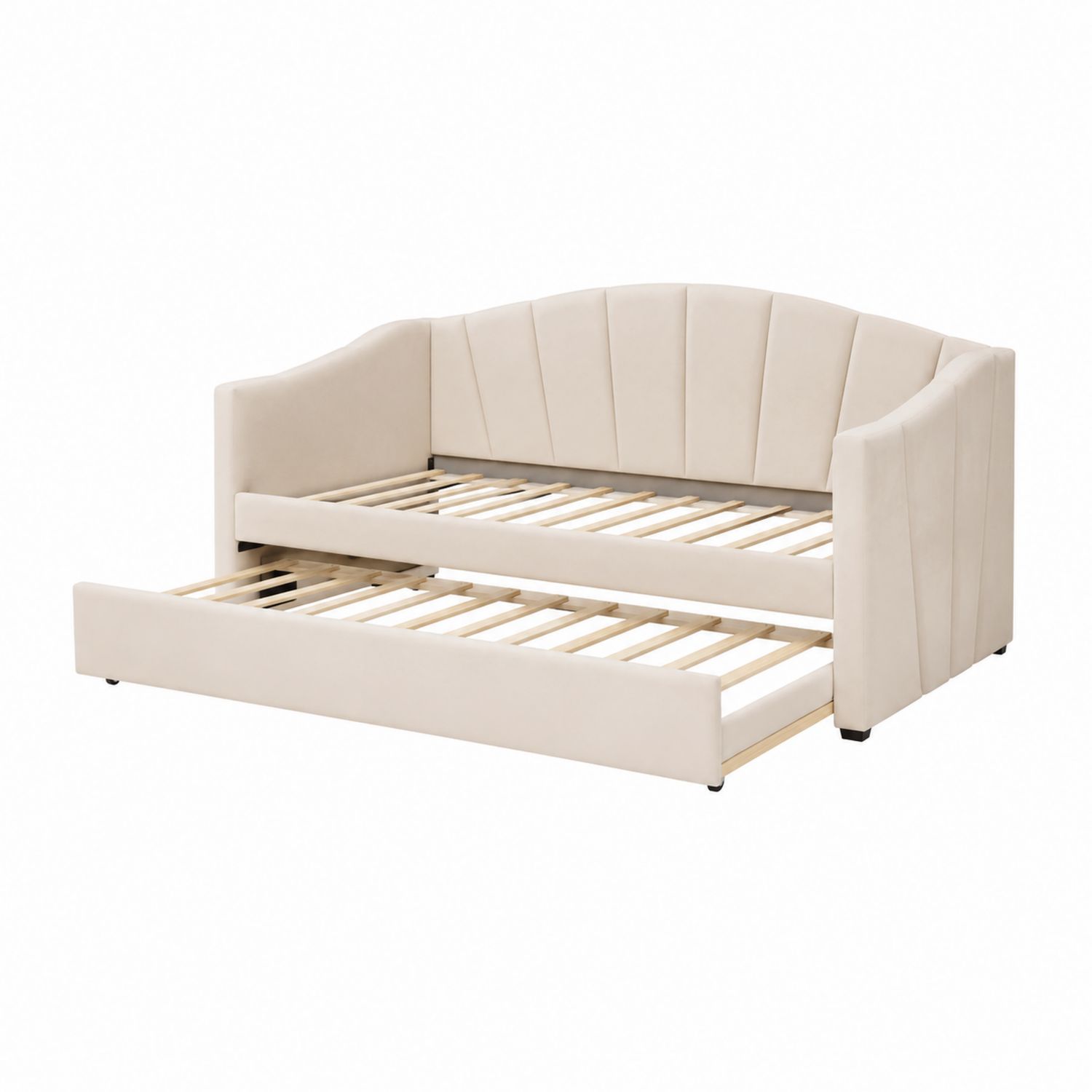 Polsterbett mit Ausziehfunktion Holzrahmen Kunstleder Beige