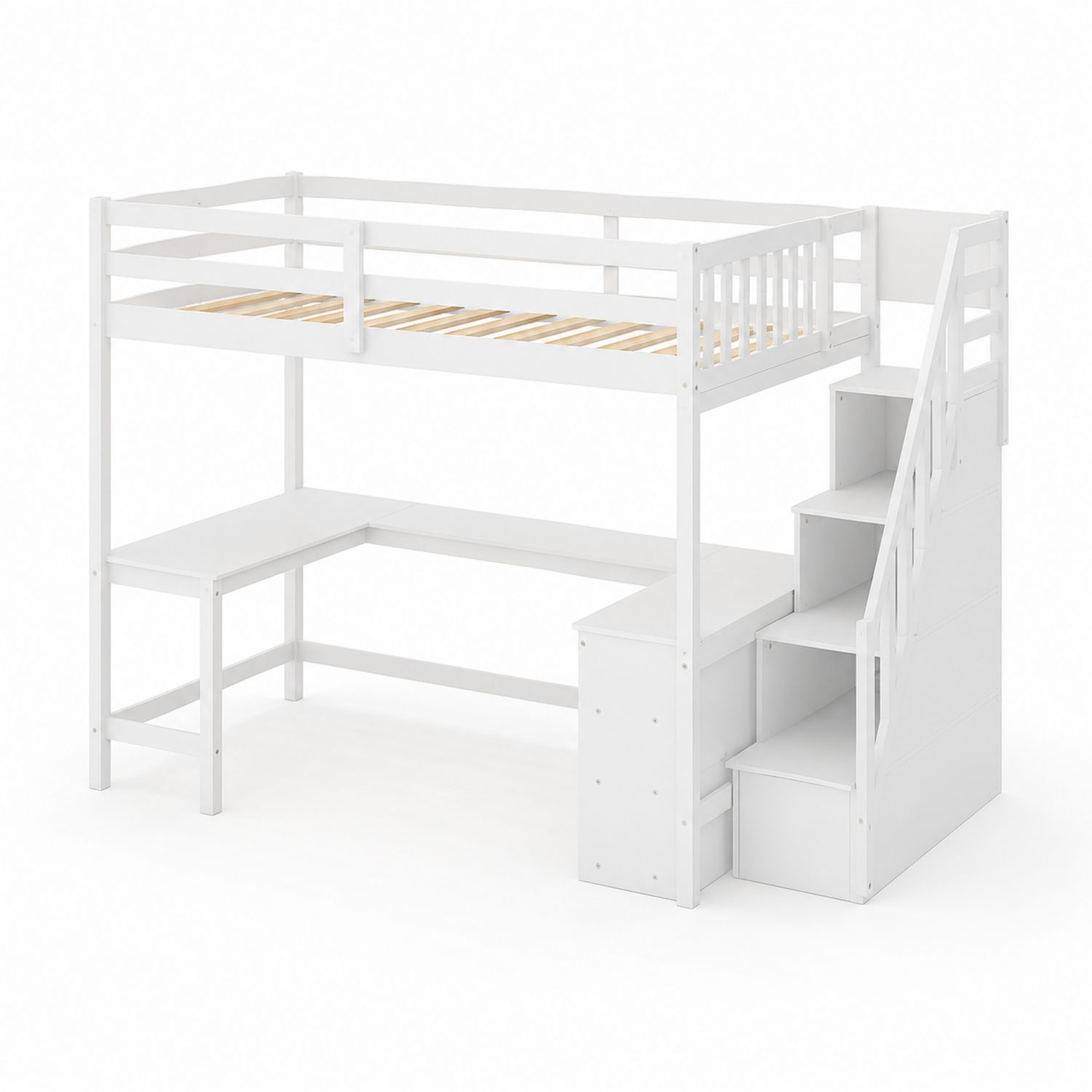 Hochbett mit Treppe und Schreibtisch Weiß Holz 200x90 cm
