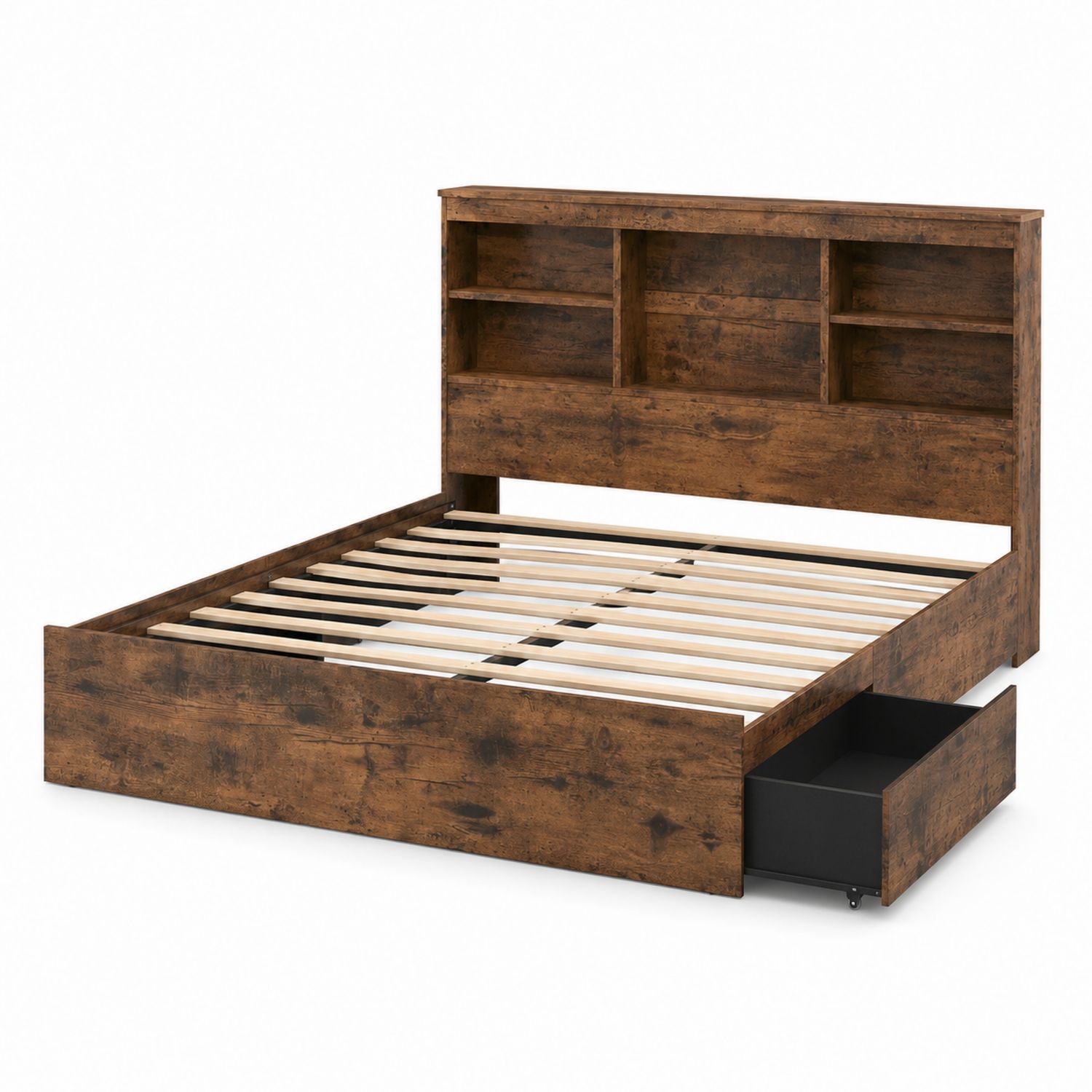 Holzbett mit Kopfteilregal und Schublade 160x200 cm Rustikal Braun