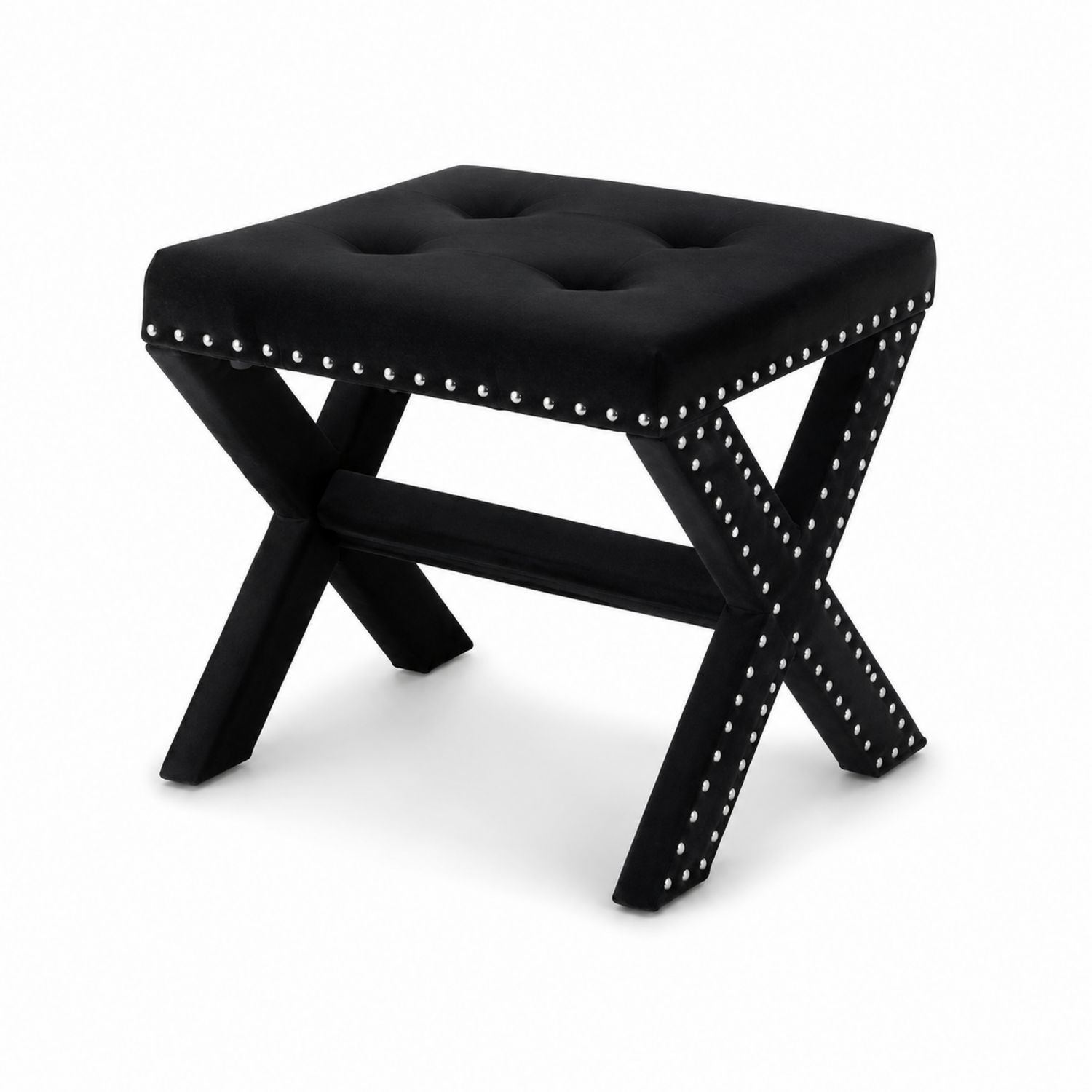 Hocker aus Velours mit Nieten und Kreuzbeinen, Schwarz