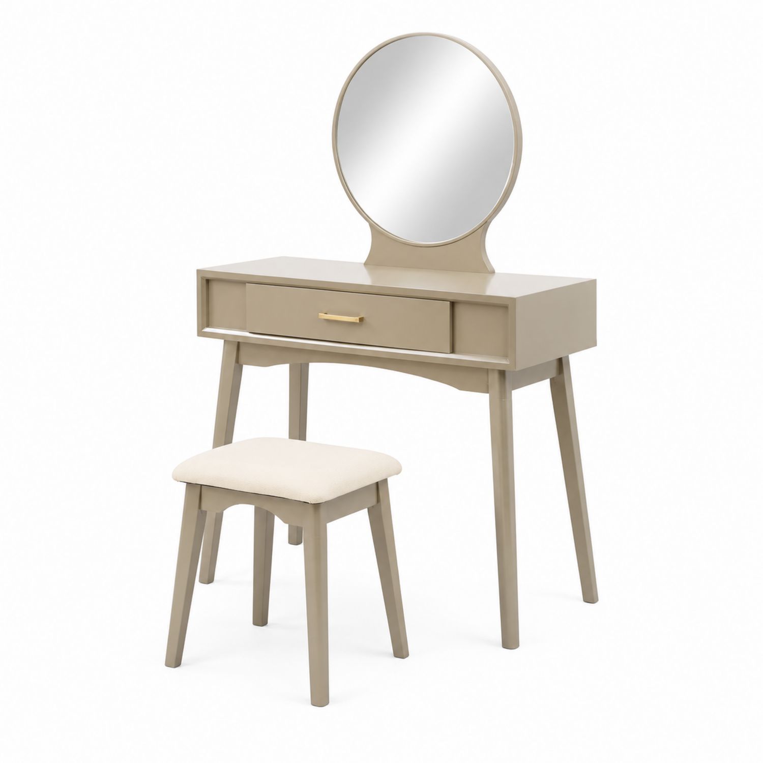 Schminktisch Set mit rundem Spiegel und Hocker Beige Holz MDF