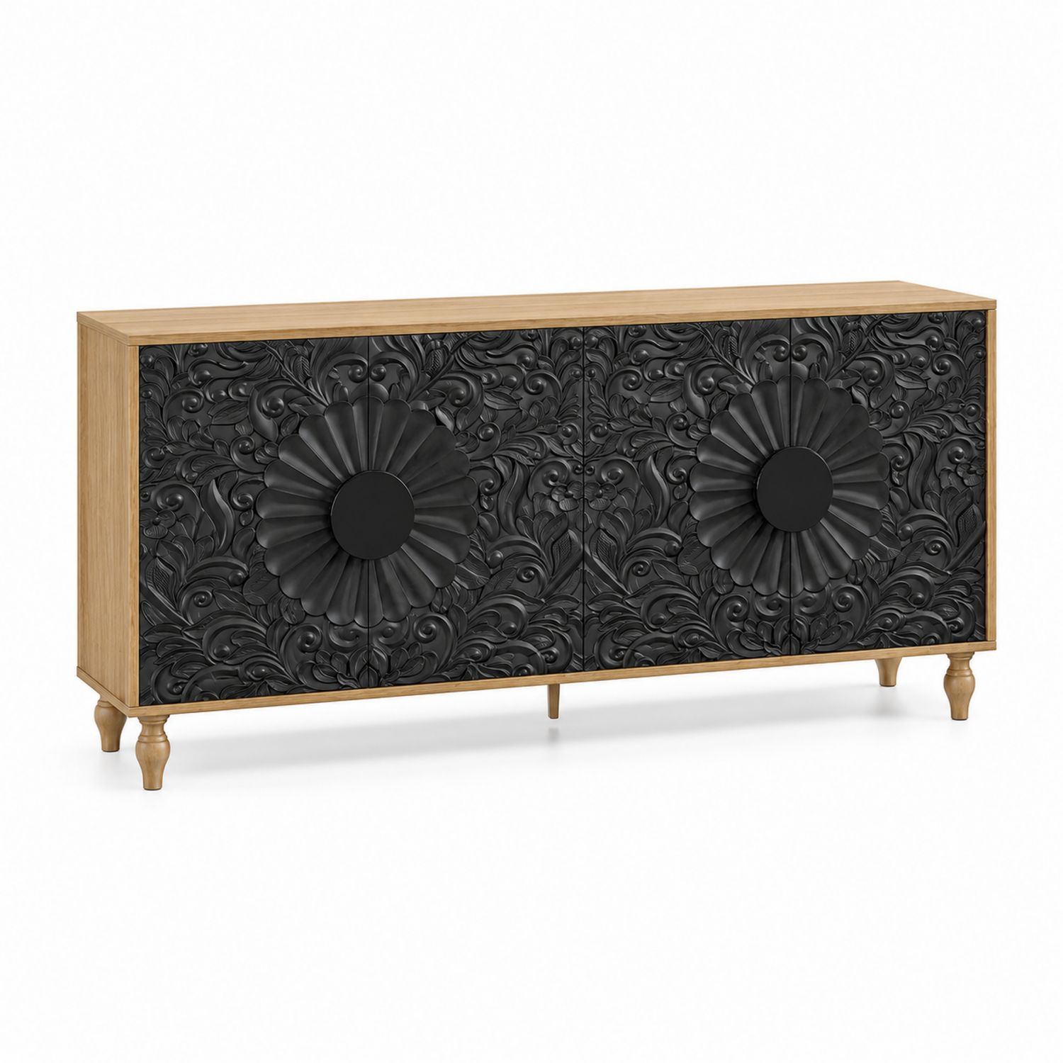 Sideboard aus Eichenholz mit geschnitzten Türen Schwarz