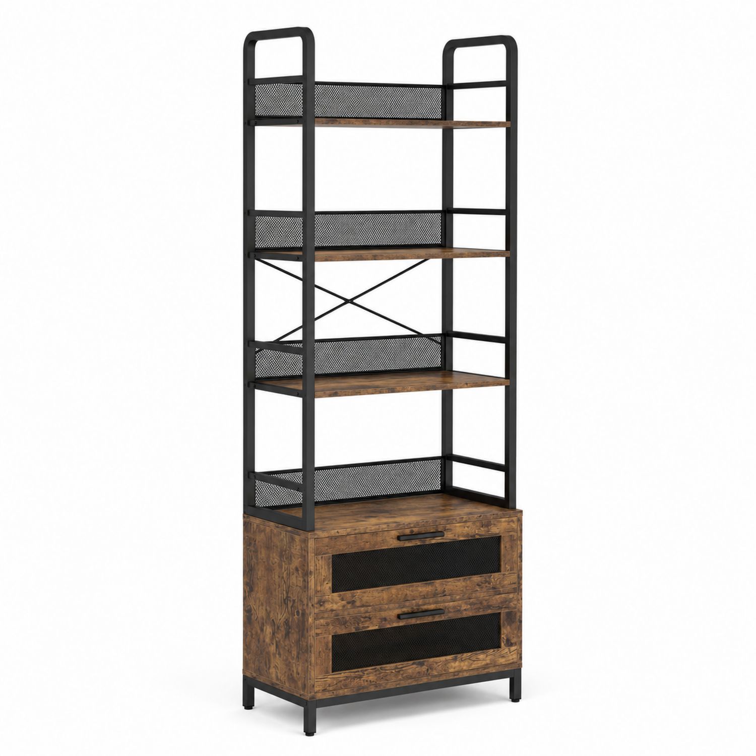 Regalsystem aus Metall und Holz mit 4 Ebenen und 2 Schubladen in Schwarz und Braun