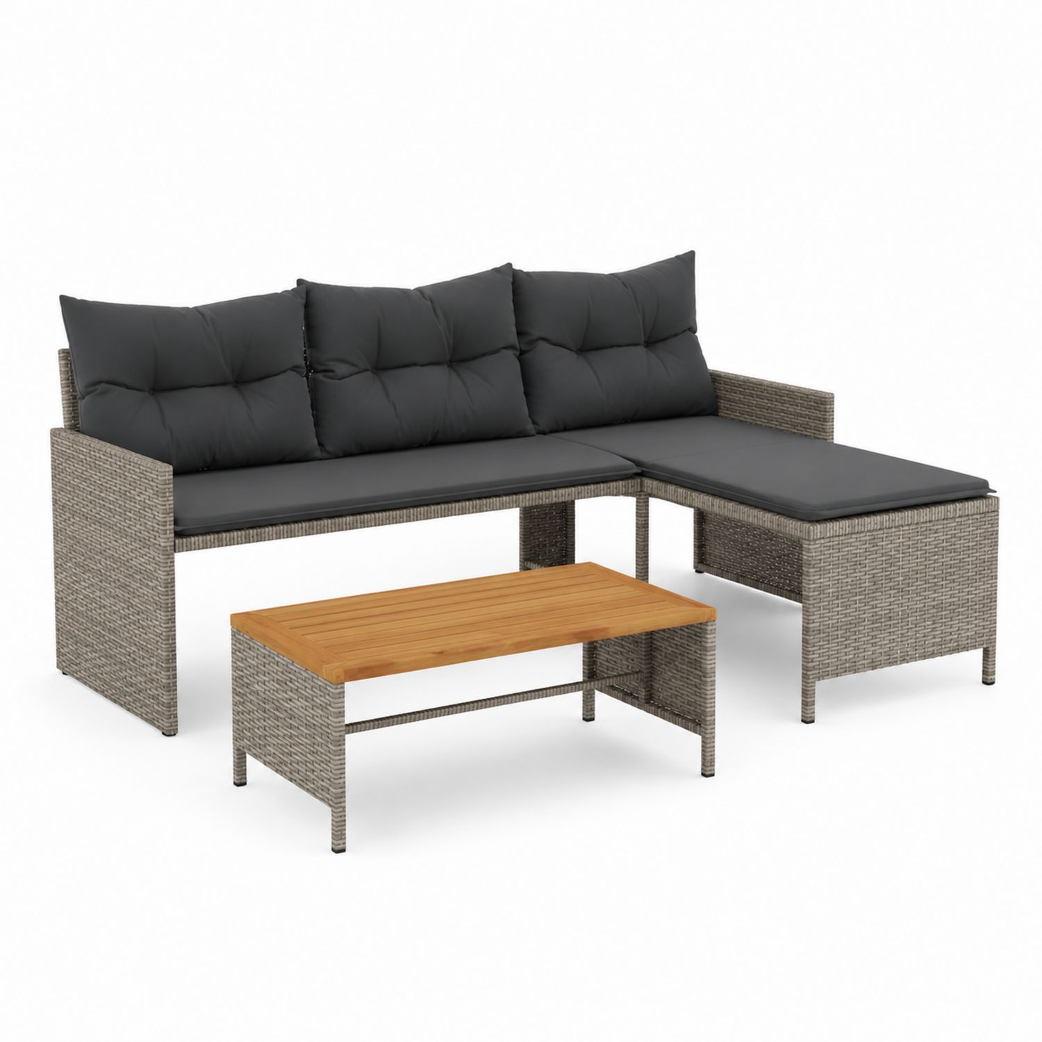 Divano angolare in rattan con tavolino in legno e cuscini antracite