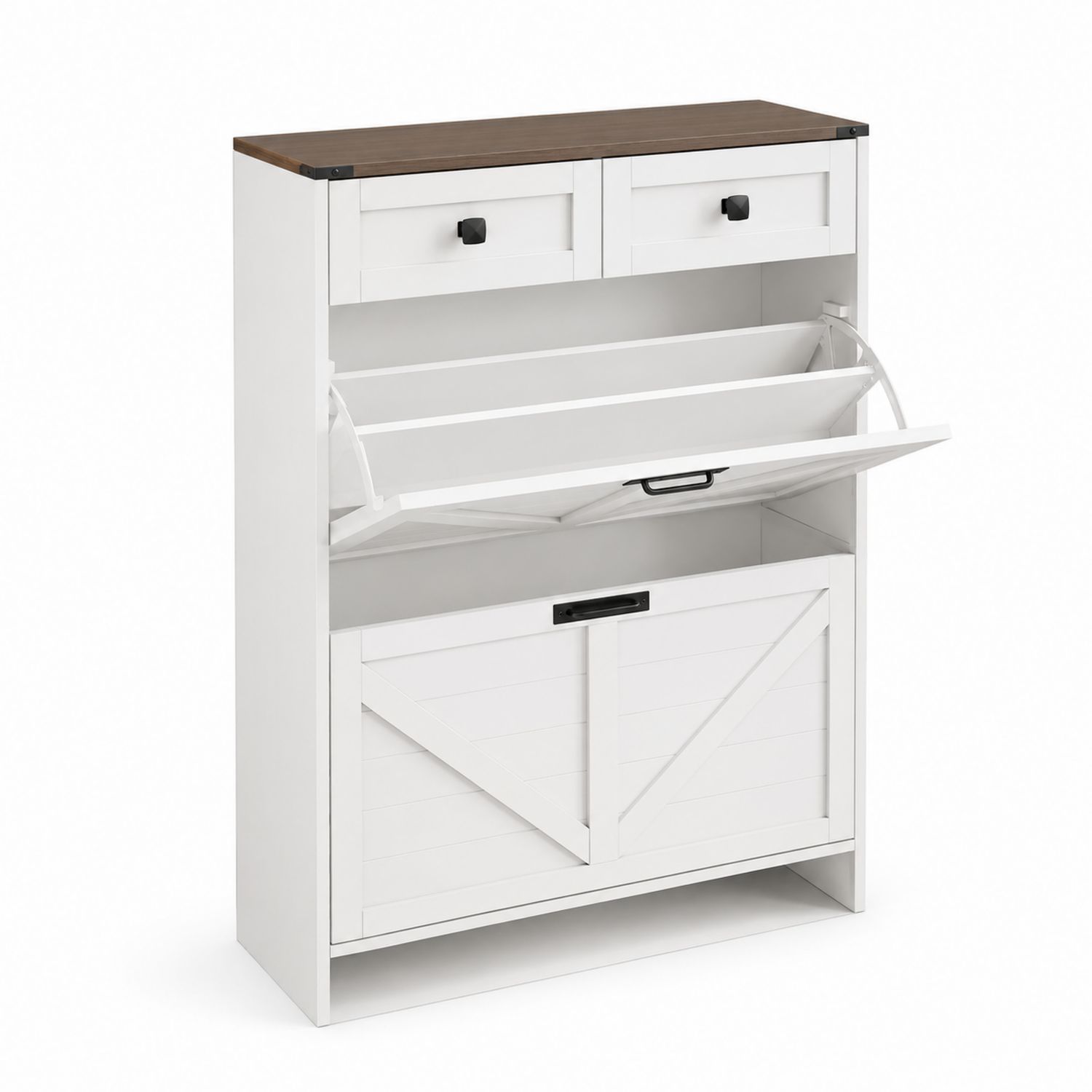 Scarpiera in MDF e legno massello con cassetti e ante ribaltabili bianco marrone