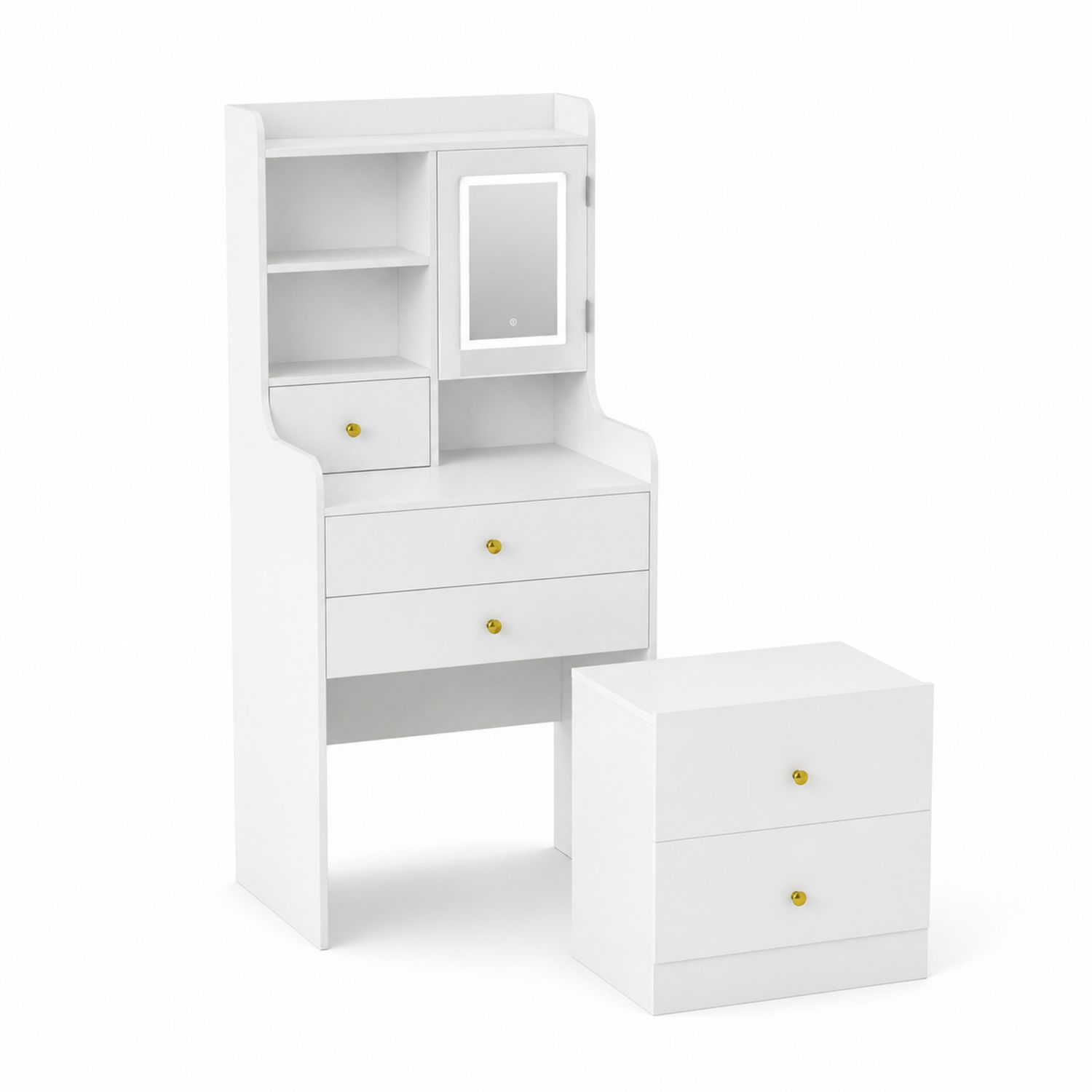 Set di Toelette in Legno con Specchio e Comodino Bianco