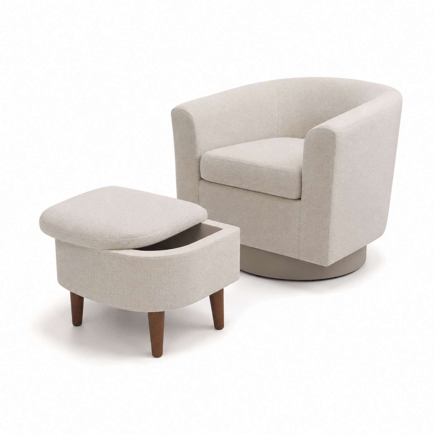 Poltrona girevole con poggiapiedi contenitore in tessuto beige