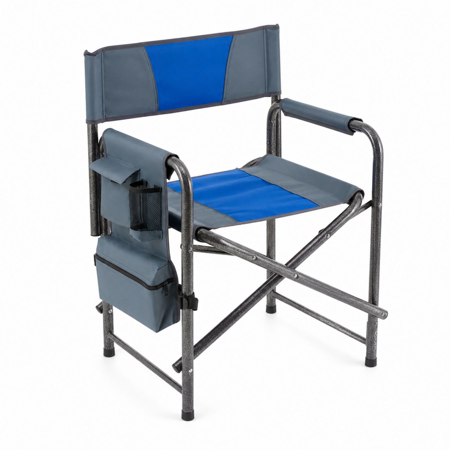 Sedia pieghevole in metallo e poliestere blu e grigio con tasche