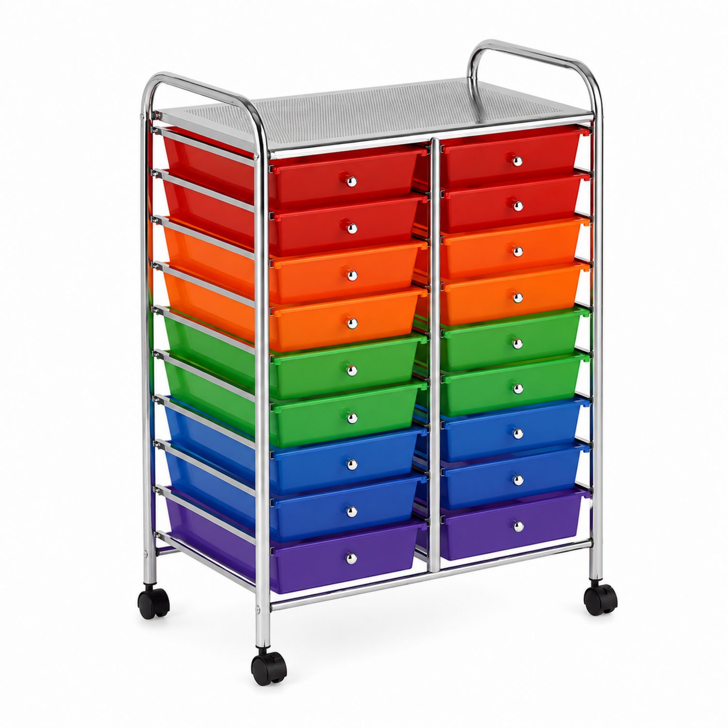 Carrello con 20 cassetti in plastica multicolore e struttura metallica