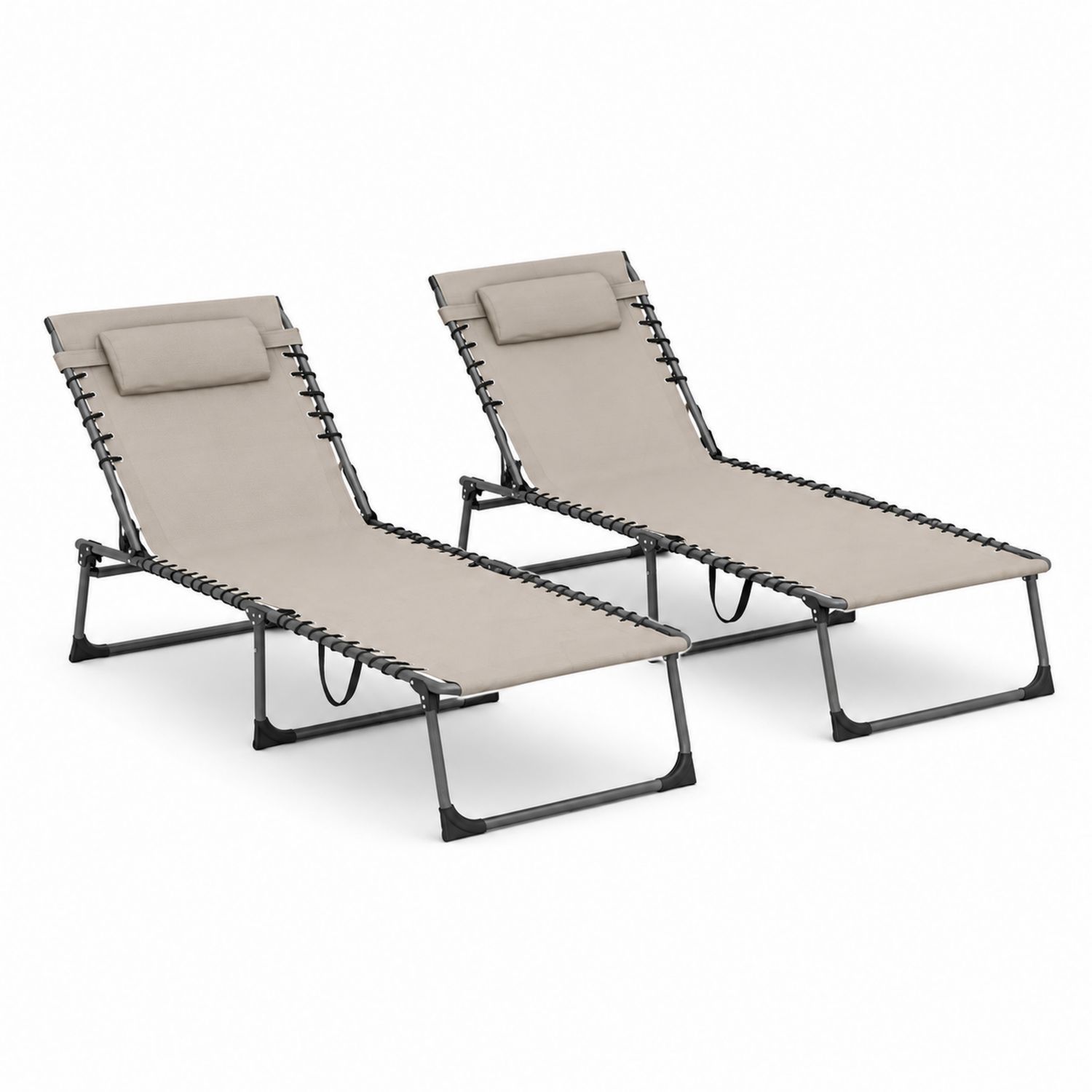 Set di 2 Lettini Prendisole con Struttura in Acciaio e Tessuto Beige